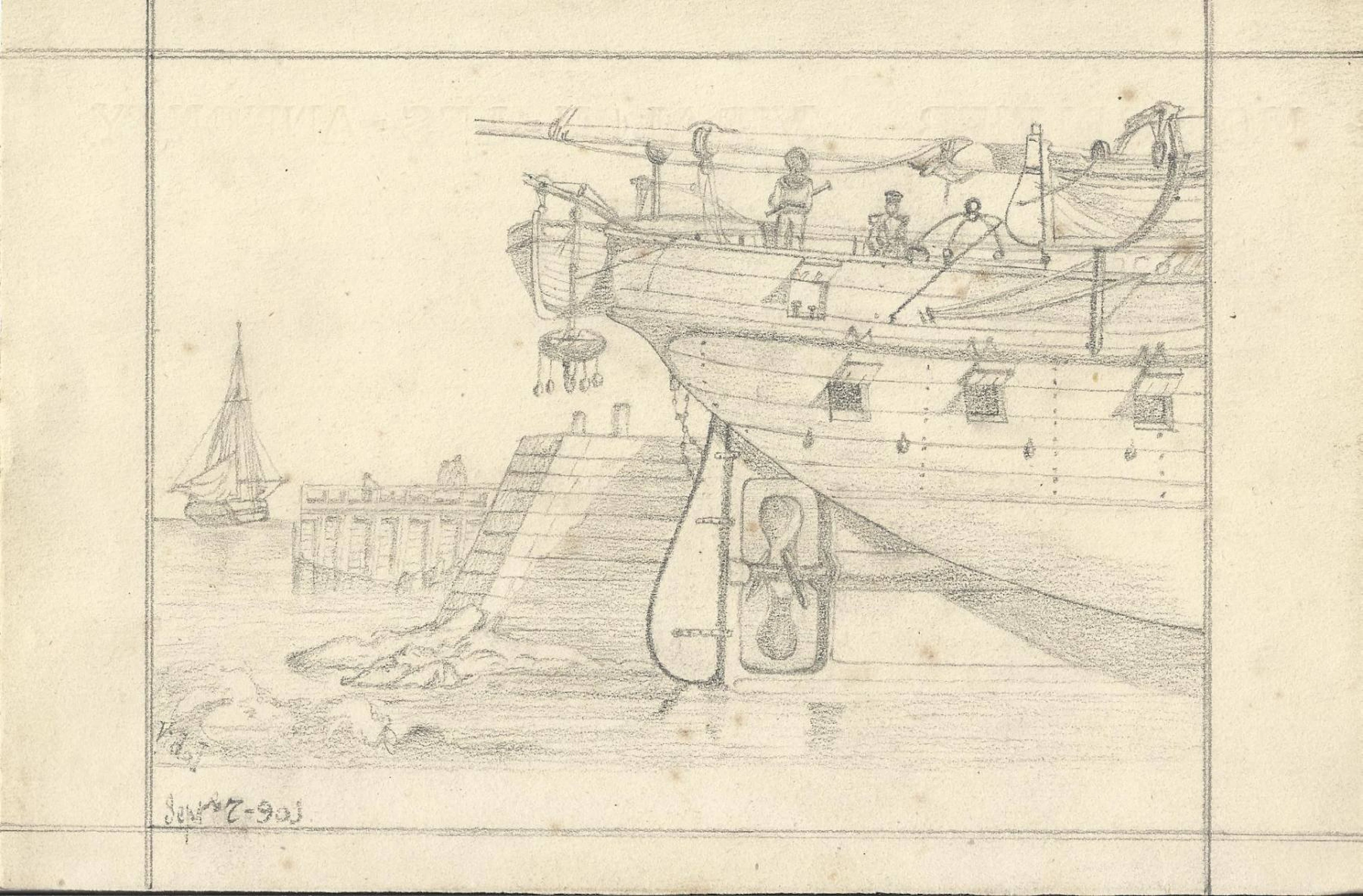 Atilano Vidal Adam. Drawing on paper. "Boat and dock." Signed. 1901. 16x25 cm.