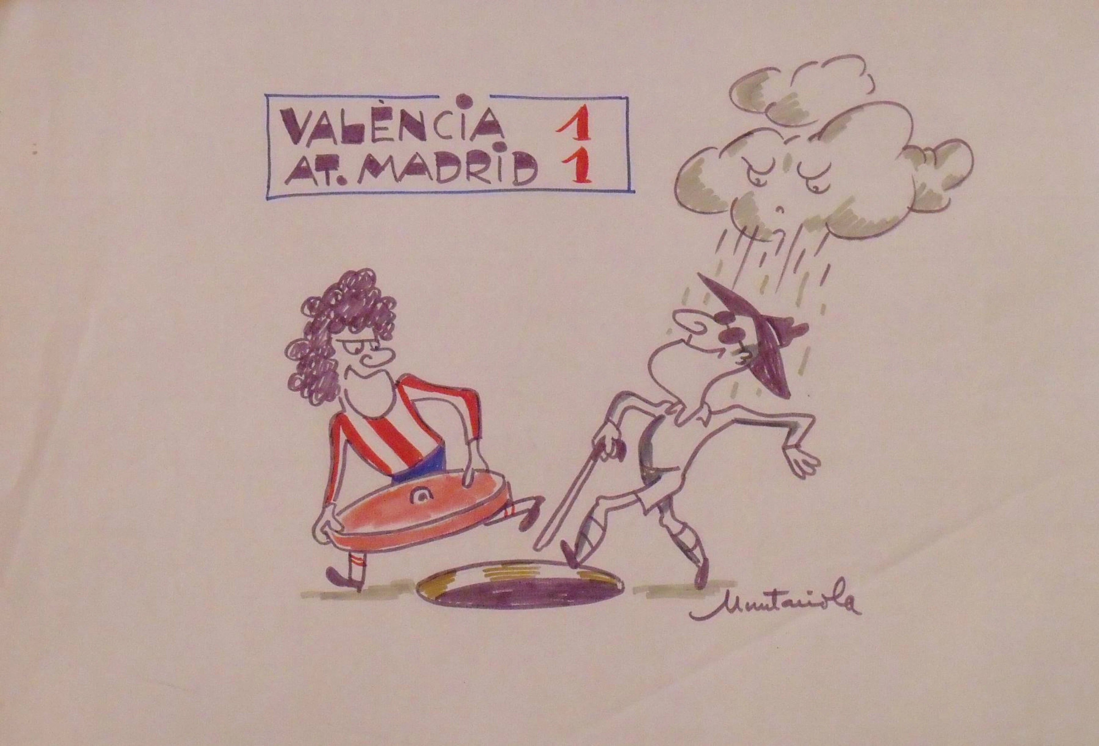 Joaquim Muntañola. Marker drawing “Valencia 1 At. Madrid 1”. Signed