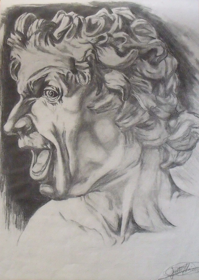 Justo Llacer. "Male face". Academic drawing, charcoal on paper. 47x32cm.