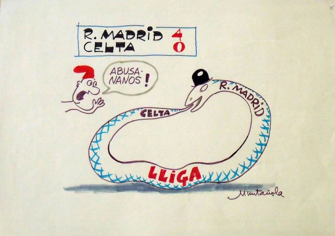 Joaquim Muntañola. Marker drawing ”Real Madrid 4 Celta 0”. Hand signed.