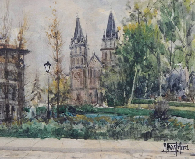 Manuel Vicente Mora. Watercolor on paper. "Covadonga. Asturias". Hand-signed.