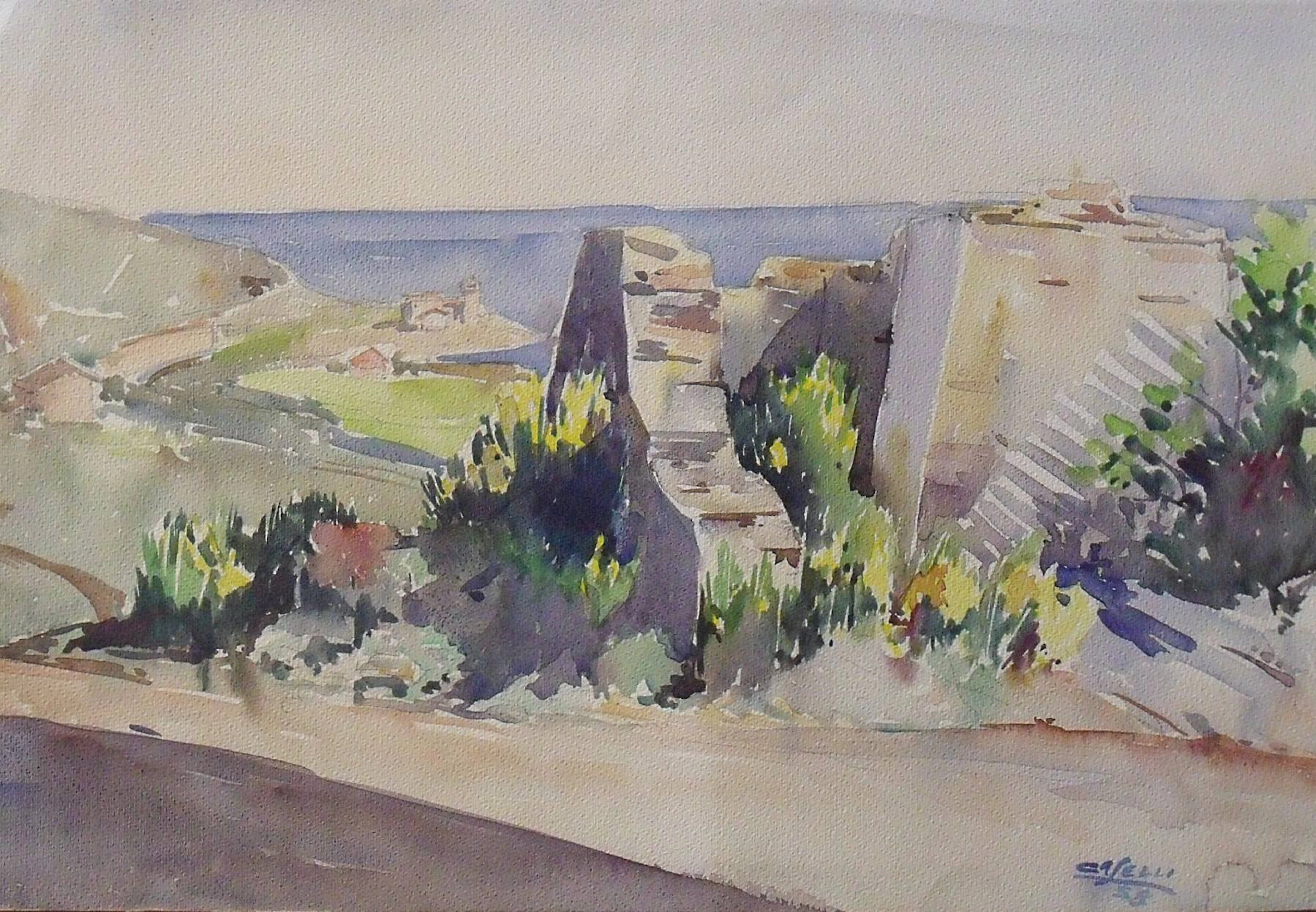 Caselli. Italy. Watercolor Castello Boccale. Boccale Castle. Leghorn.