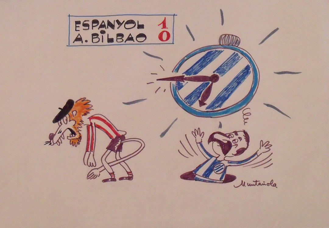 Joaquim Muntañola. Marker drawing "Espanyol 1 Bilbao 0". Hand-signed.
