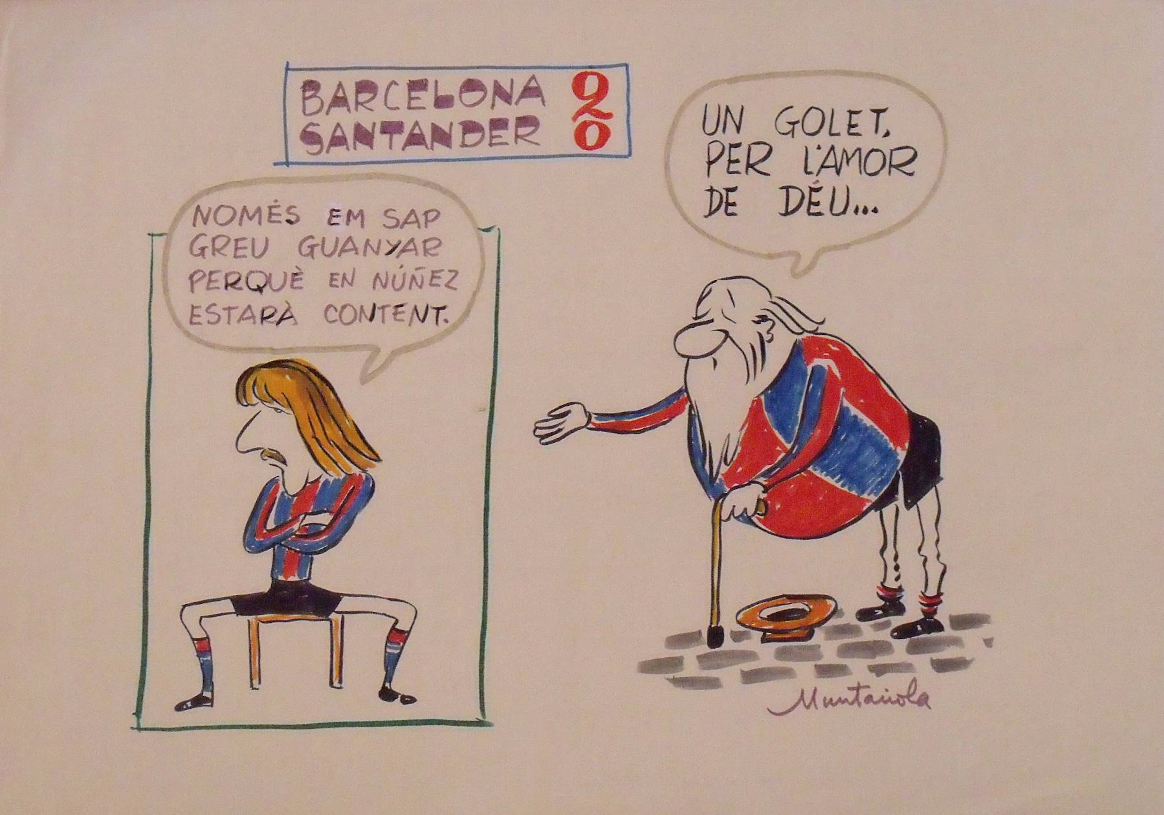 Joaquim Muntañola. Marker drawing “Barcelona 2 Santander 0” Signed