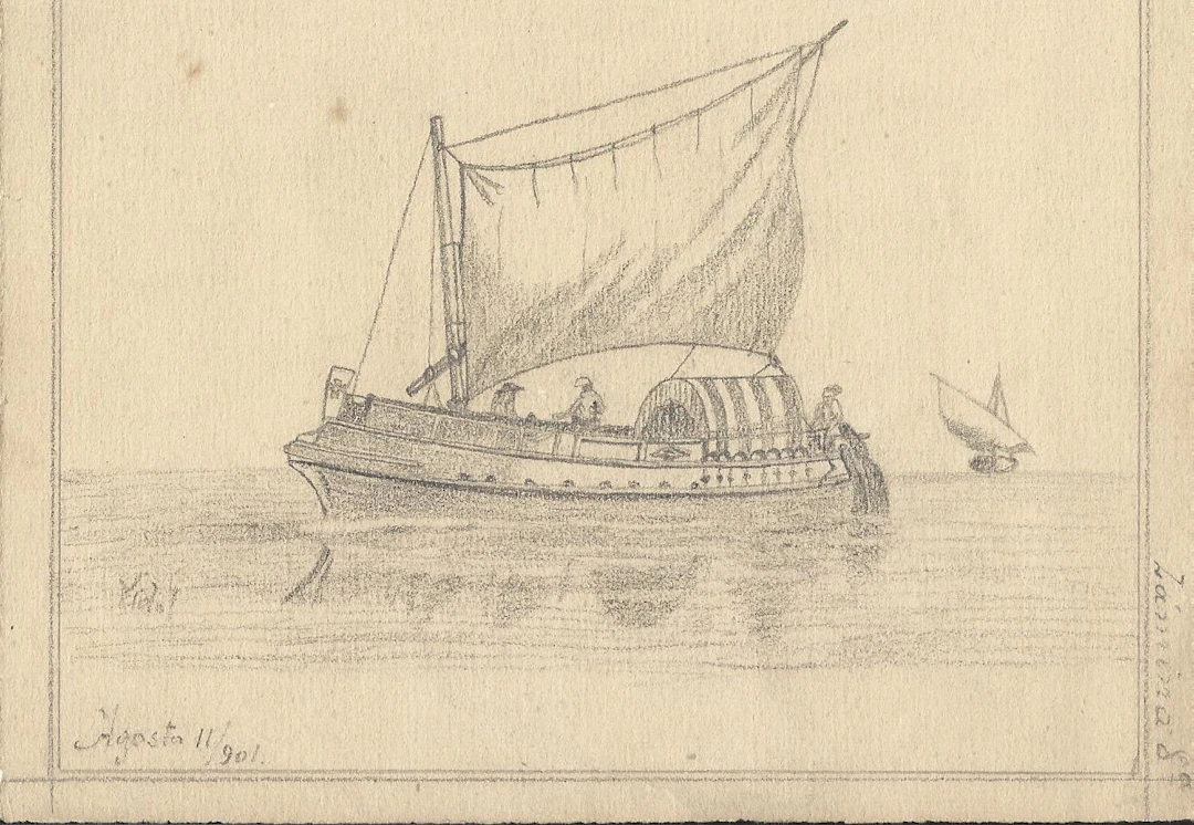 Atilano Vidal Adam. Drawing on paper. "Sailboat at sea". Signed. 1901.