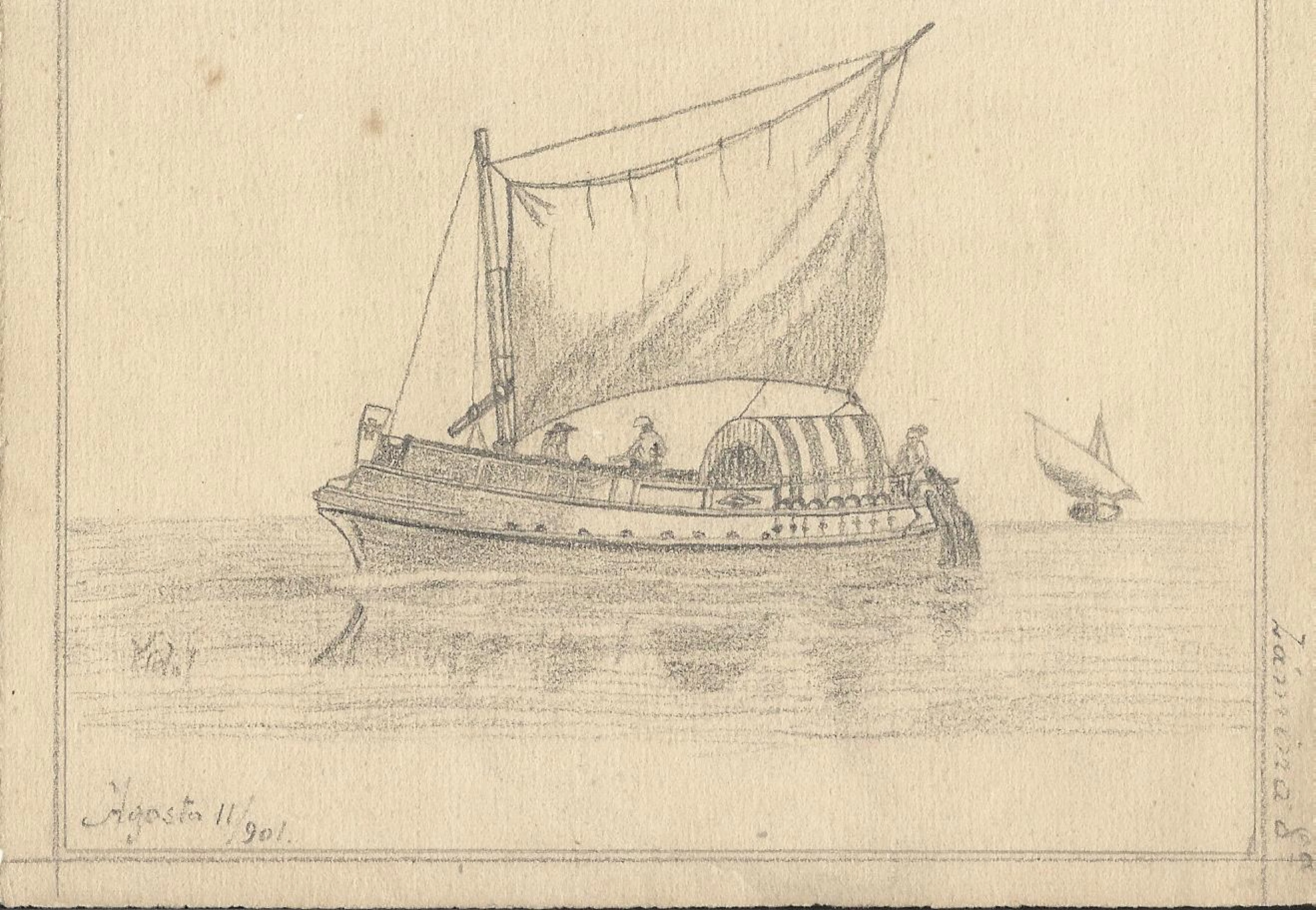 Atilano Vidal Adam. Drawing on paper. "Sailboat at sea". Signed. 1901.