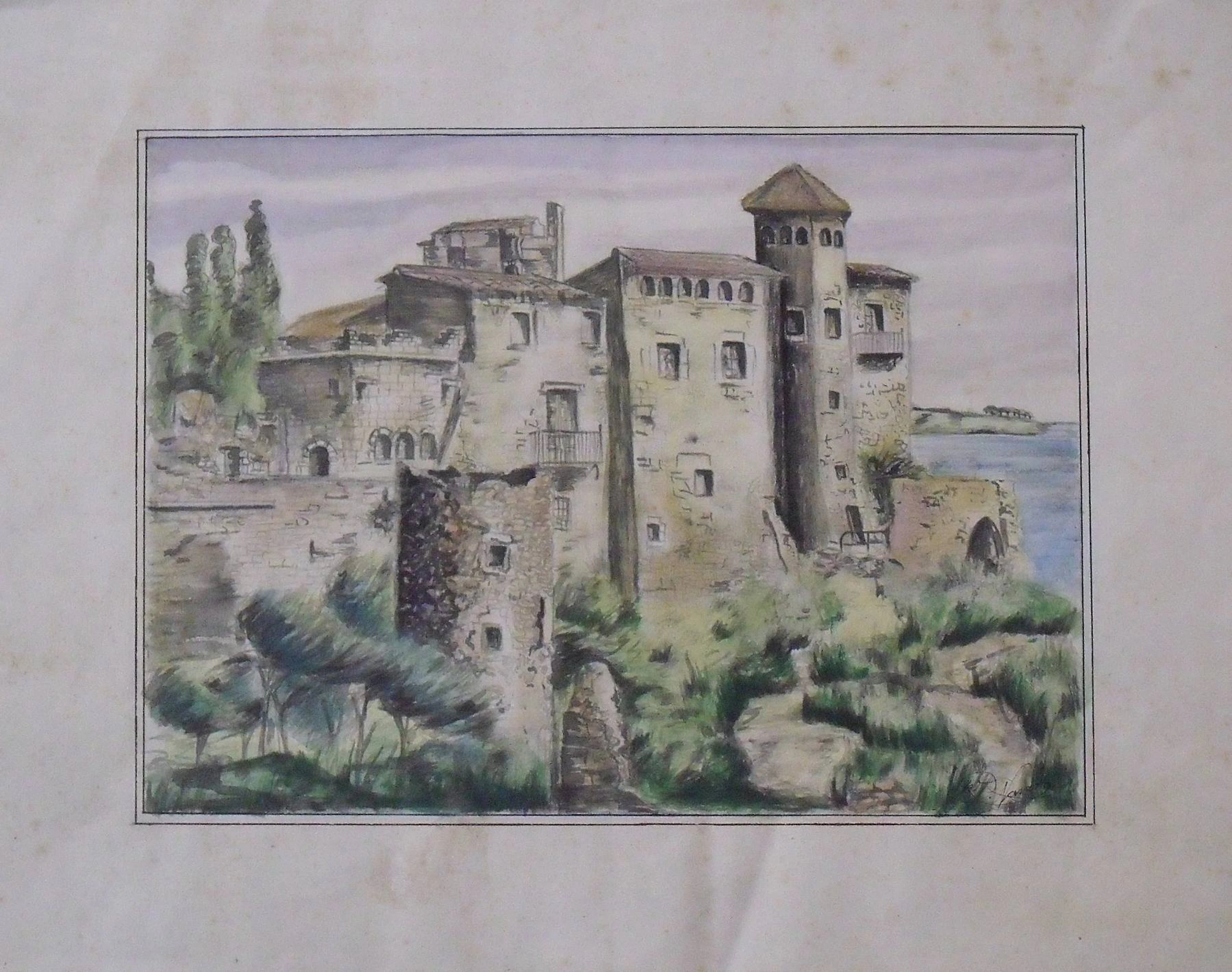 Maria Teresa Navarro. Watercolor drawing on paper. "Fortified coastal