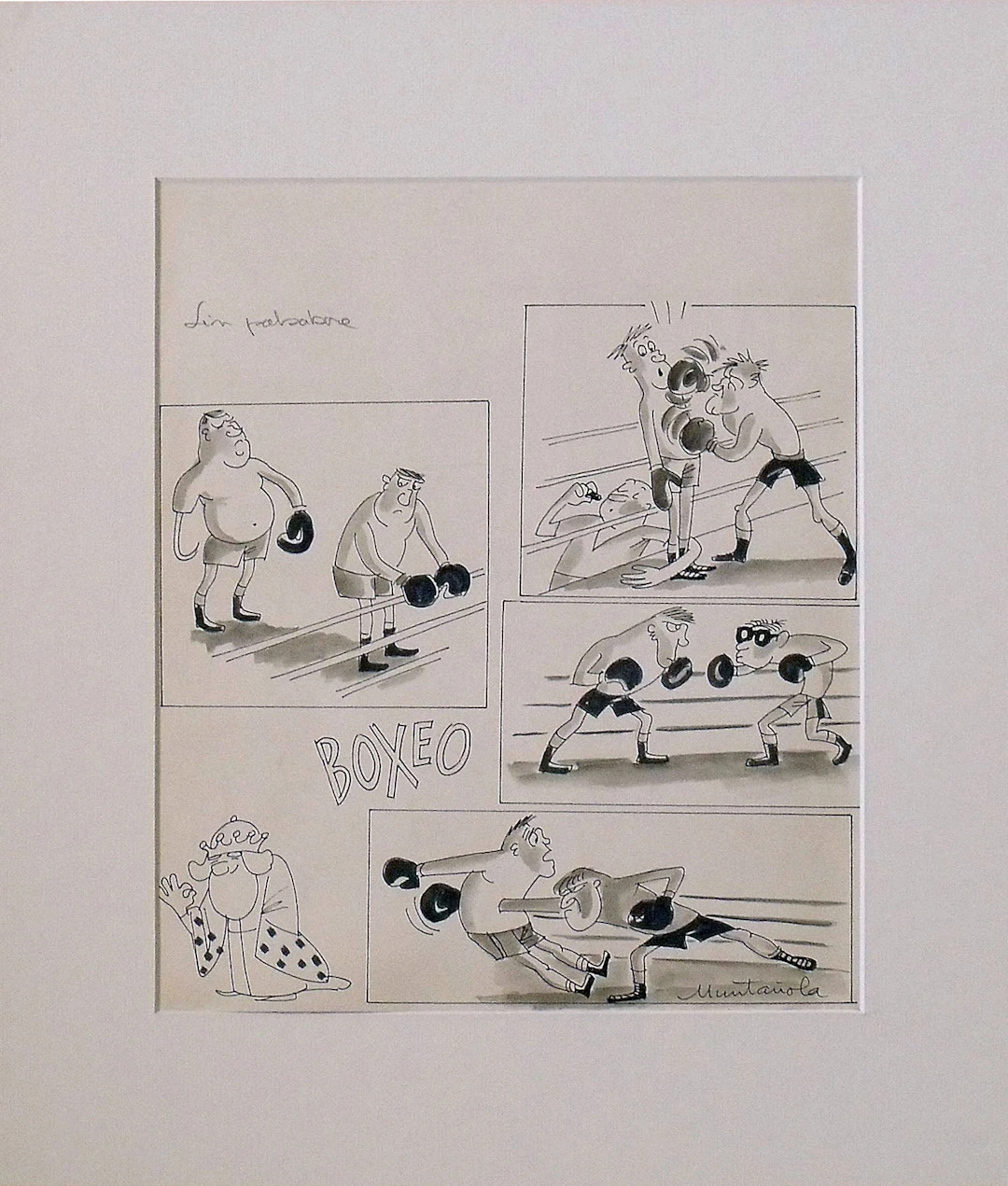 Joaquim Muntañola. “Boxing” ink drawing. Hand signed.