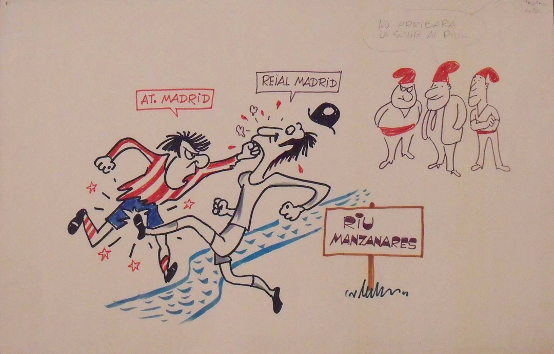 Joaquim Muntañola. Marker drawing "At. Madrid Real Madrid". Unsigned.