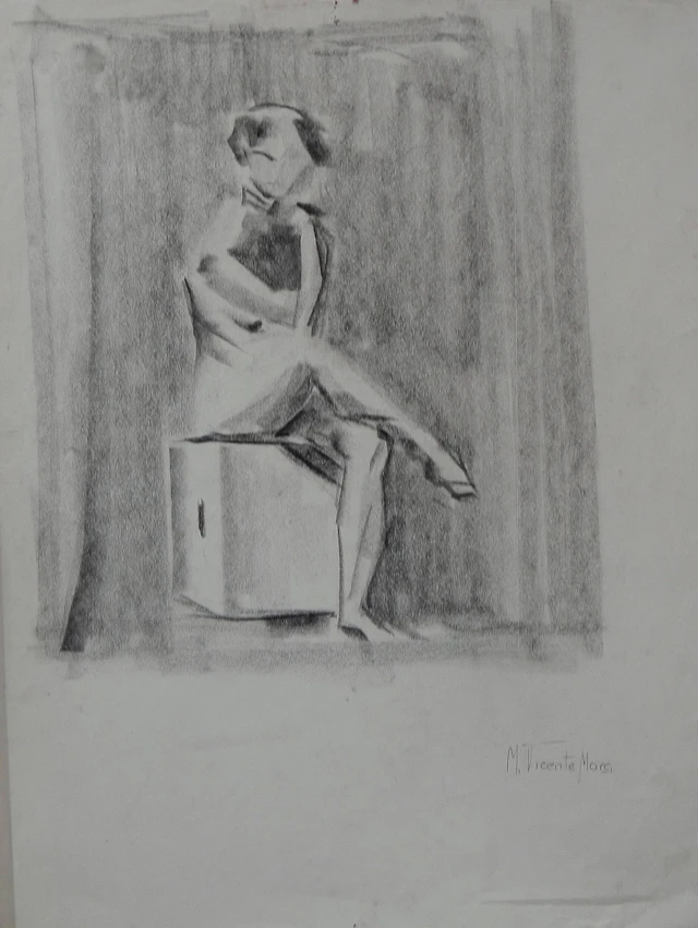 Manuel Vicente Mora. Charcoal on paper. “Female Nude”. Hand-signed. 43x34 cm.