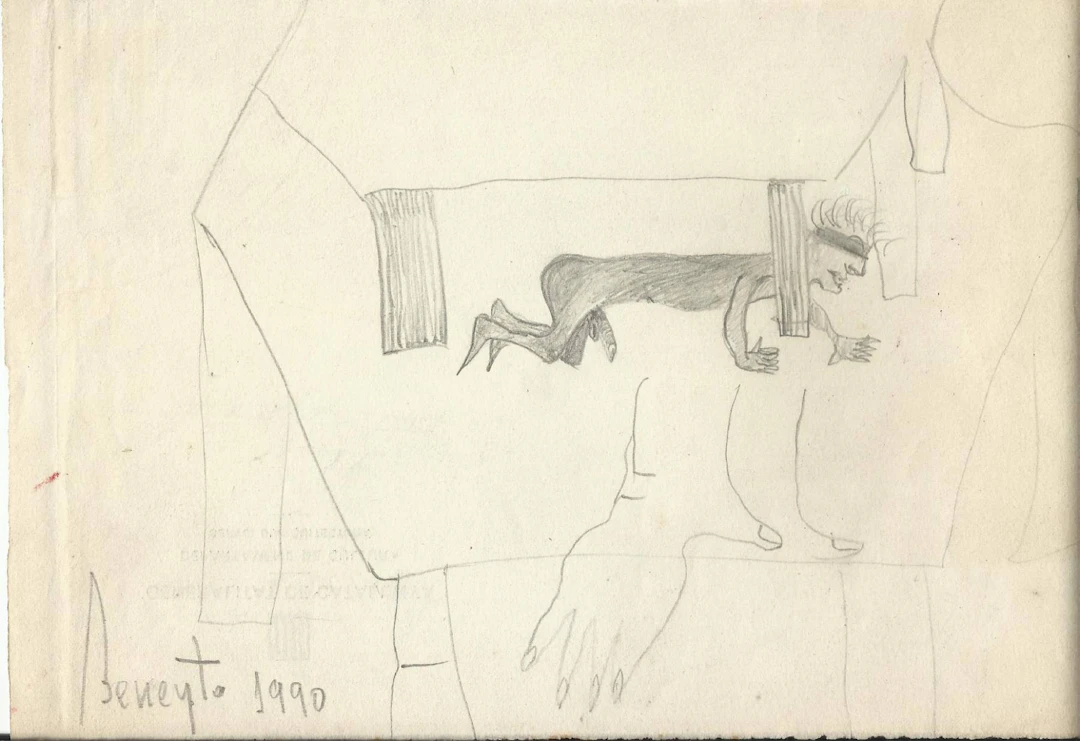 Antonio Beneyto. Pencil drawing on paper. 1990. Hand signed. 24x16.5cm.