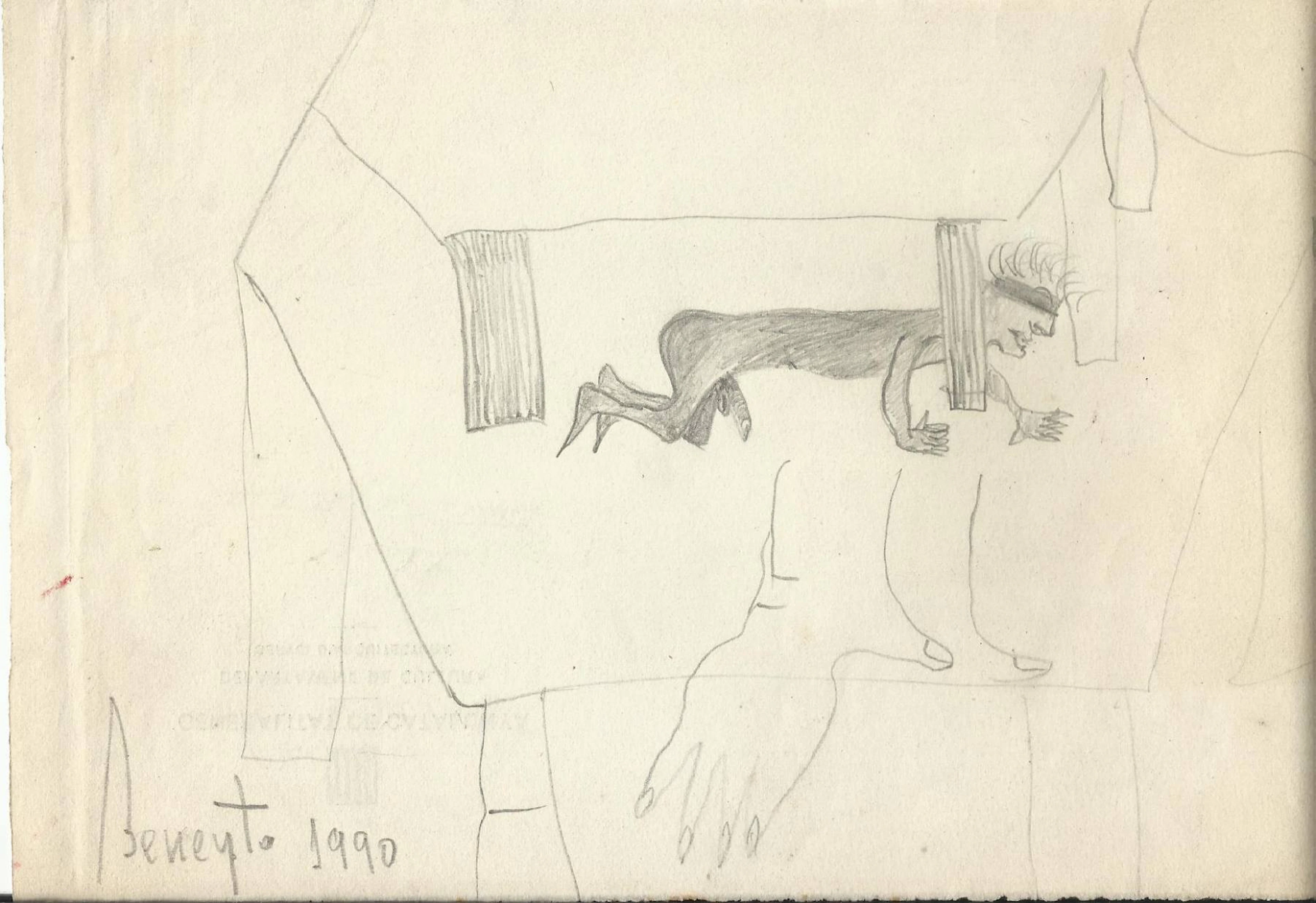 Antonio Beneyto. Pencil drawing on paper. 1990. Hand signed. 24x16.5cm.