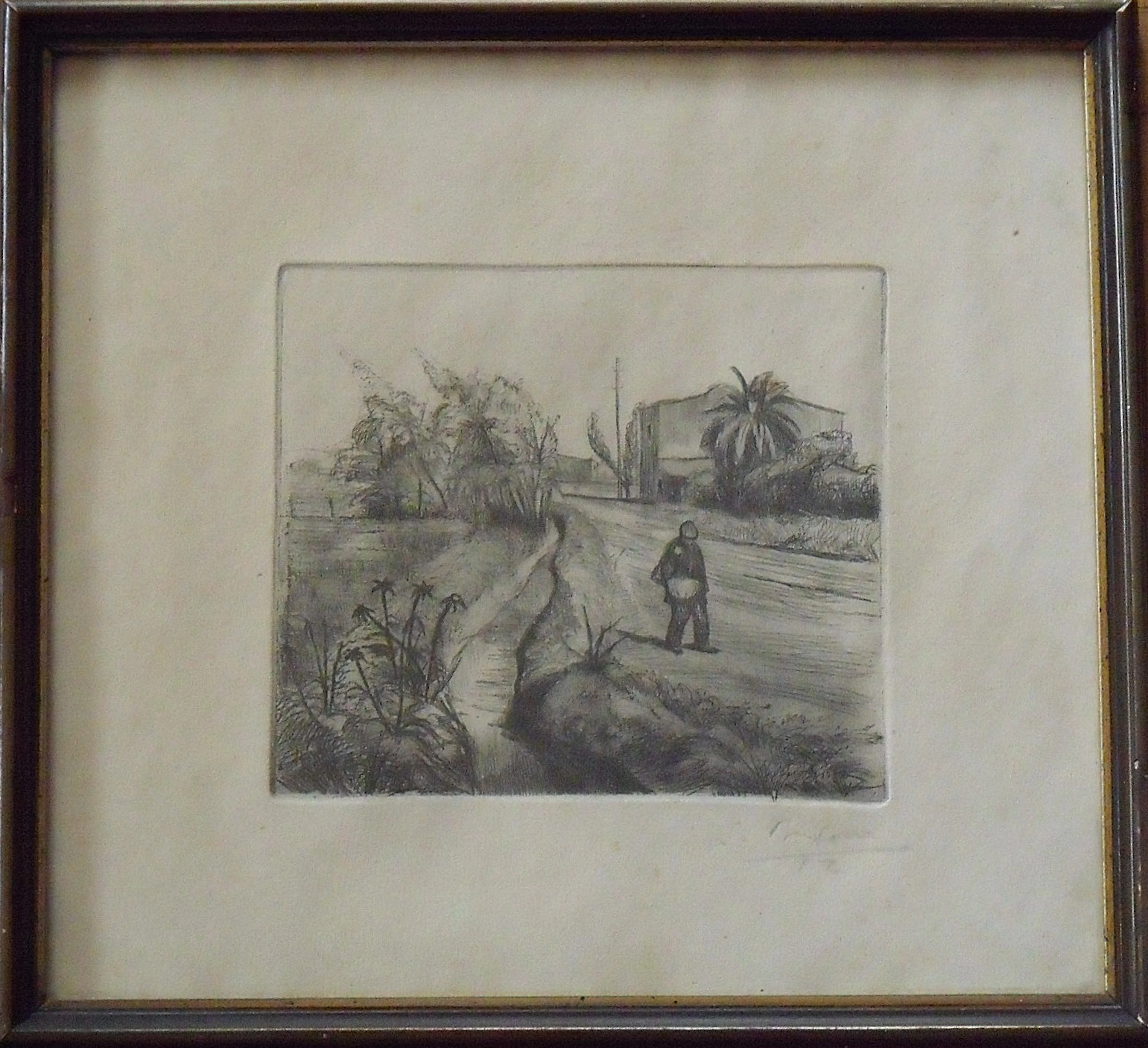 Simo Busom Grau. Etching etching "Landscape and peasant". Hand signed. 1951.