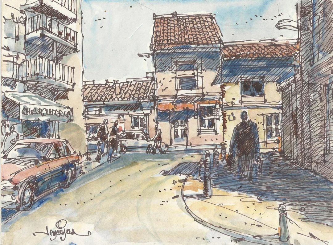 Carlos Enrique Lencinas Gómez. Watercolor and ink on paper. “Village