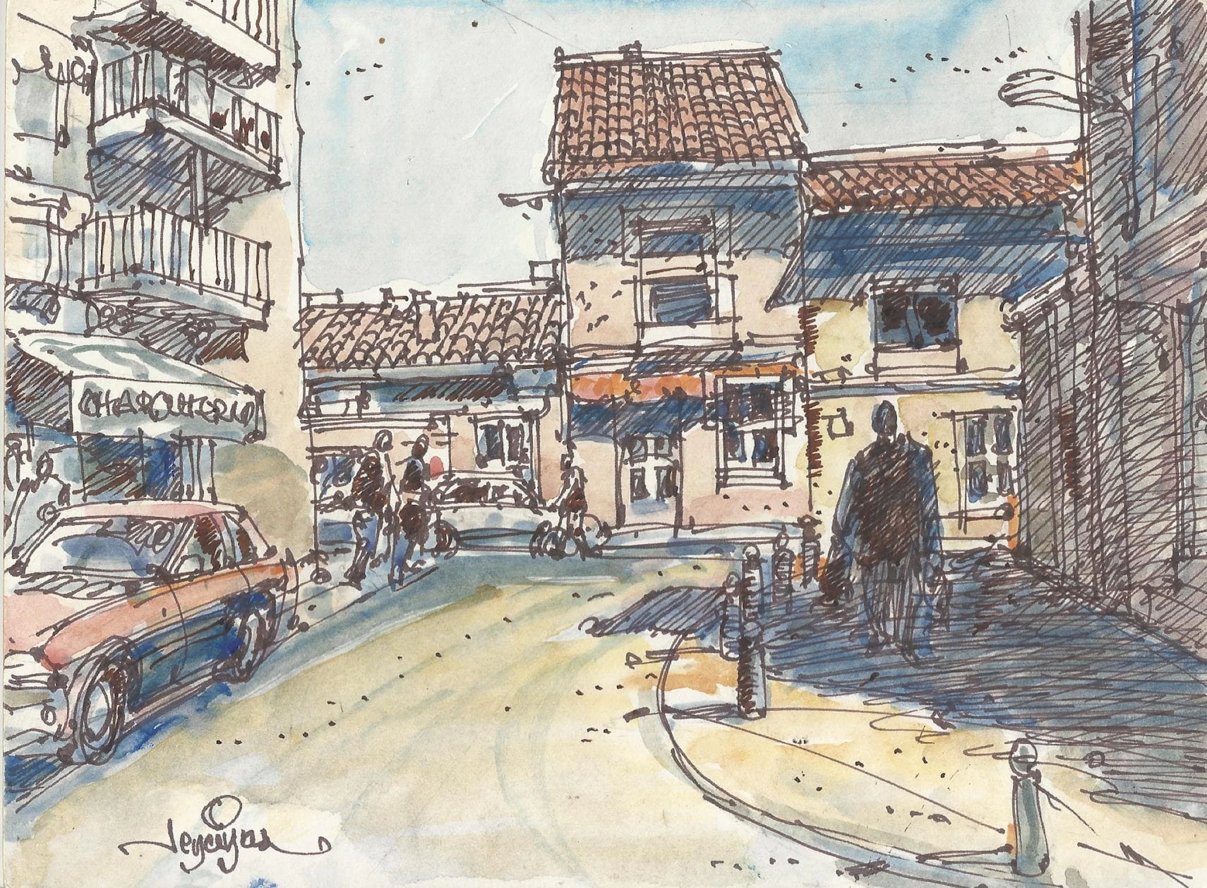 Carlos Enrique Lencinas Gómez. Watercolor and ink on paper. “Village