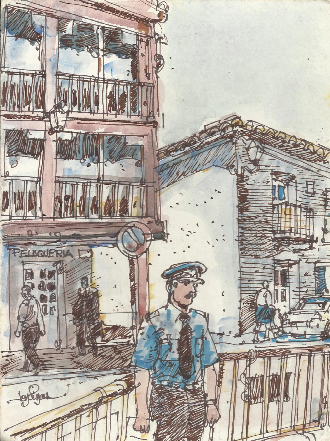 Carlos Enrique Lencinas Gómez. Watercolor and ink on paper. “The Policeman”.