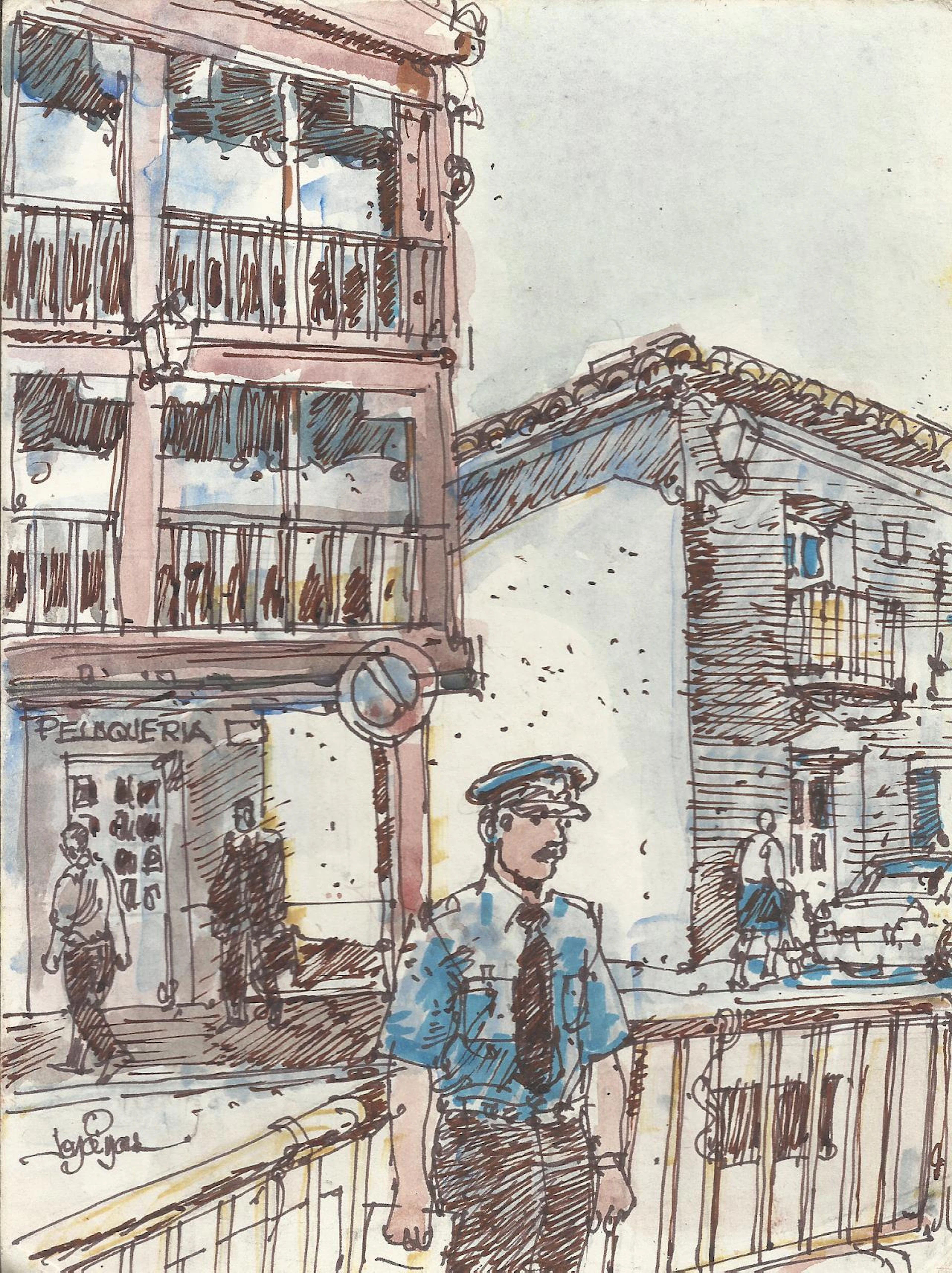 Carlos Enrique Lencinas Gómez. Watercolor and ink on paper. “The Policeman”.