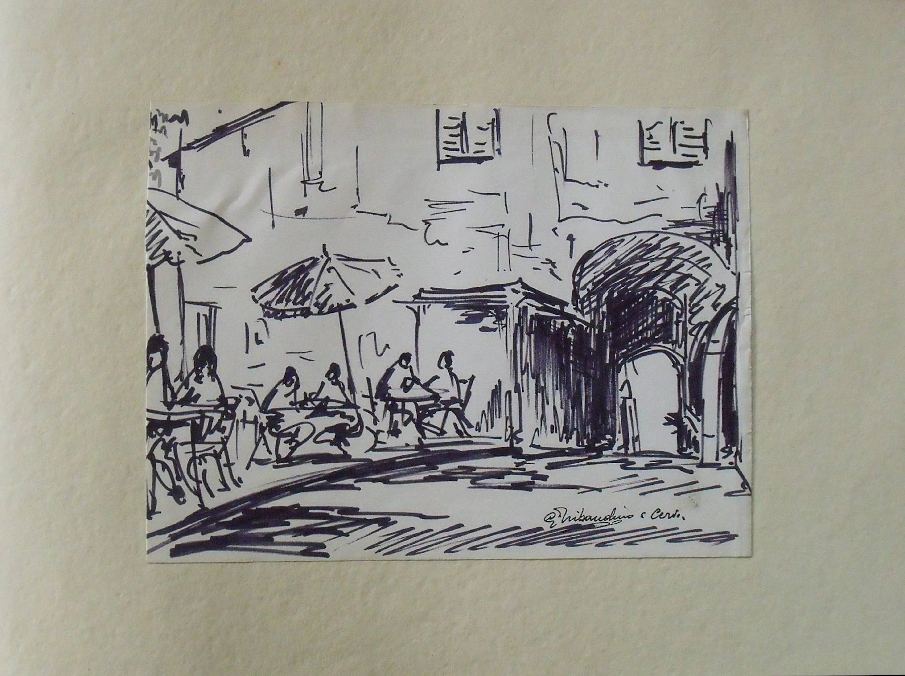 Giuseppe Tribaudino. Marker drawing or sketch. "Umbrellas, tables