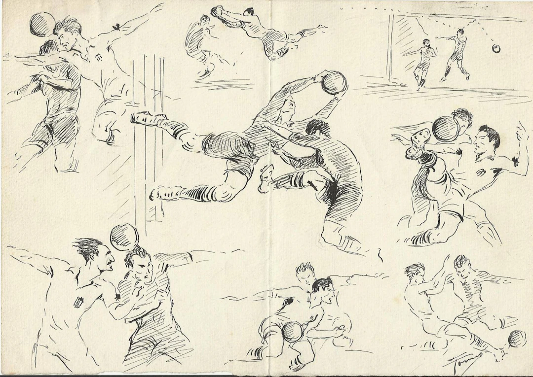 Federico Tormo Monzó. Ink drawing. Valencia C.F. 1940s. Football.