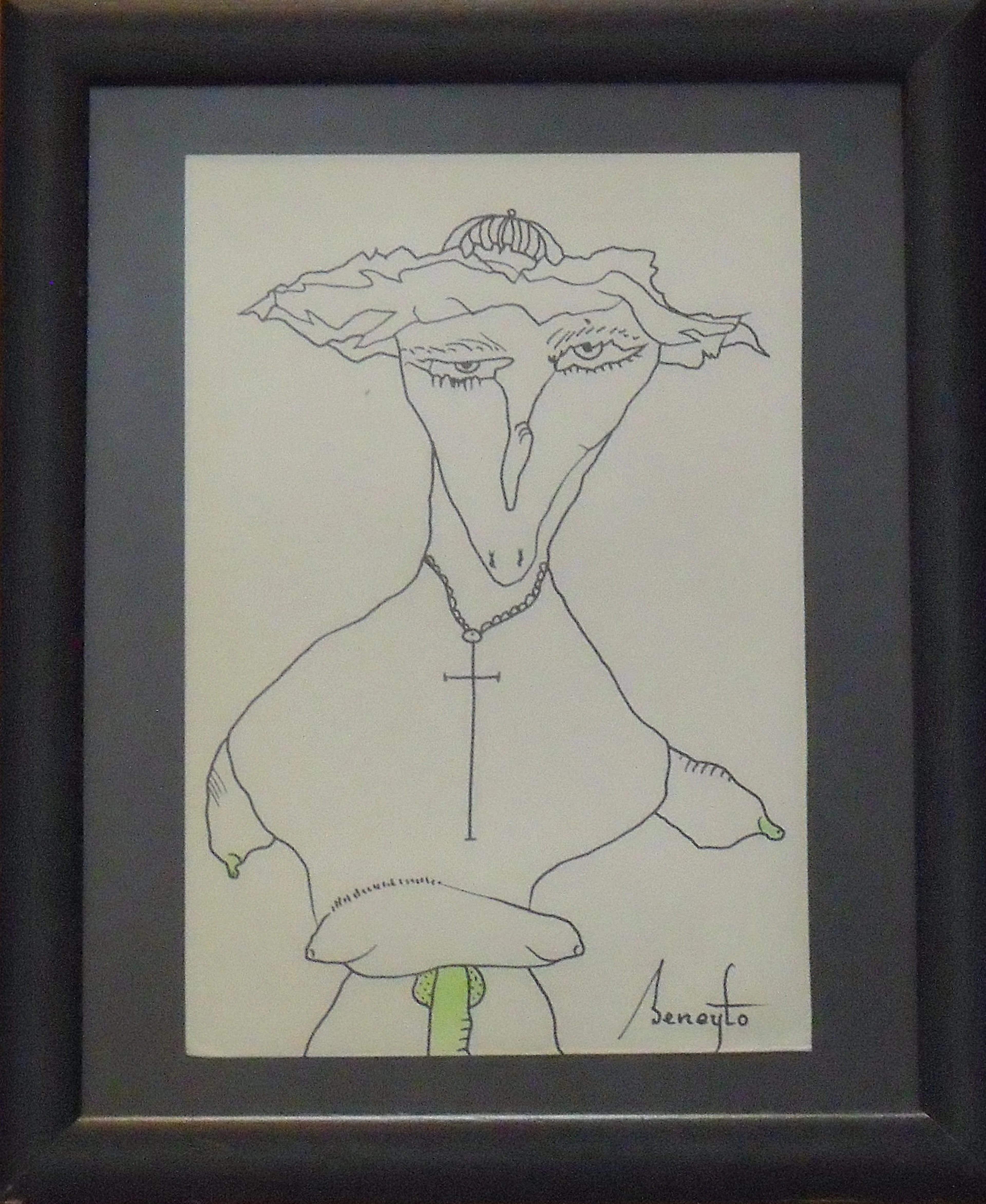 Antonio Beneyto. Ink and color drawing on paper. "Mgr". Hand signed. 28x23cm.