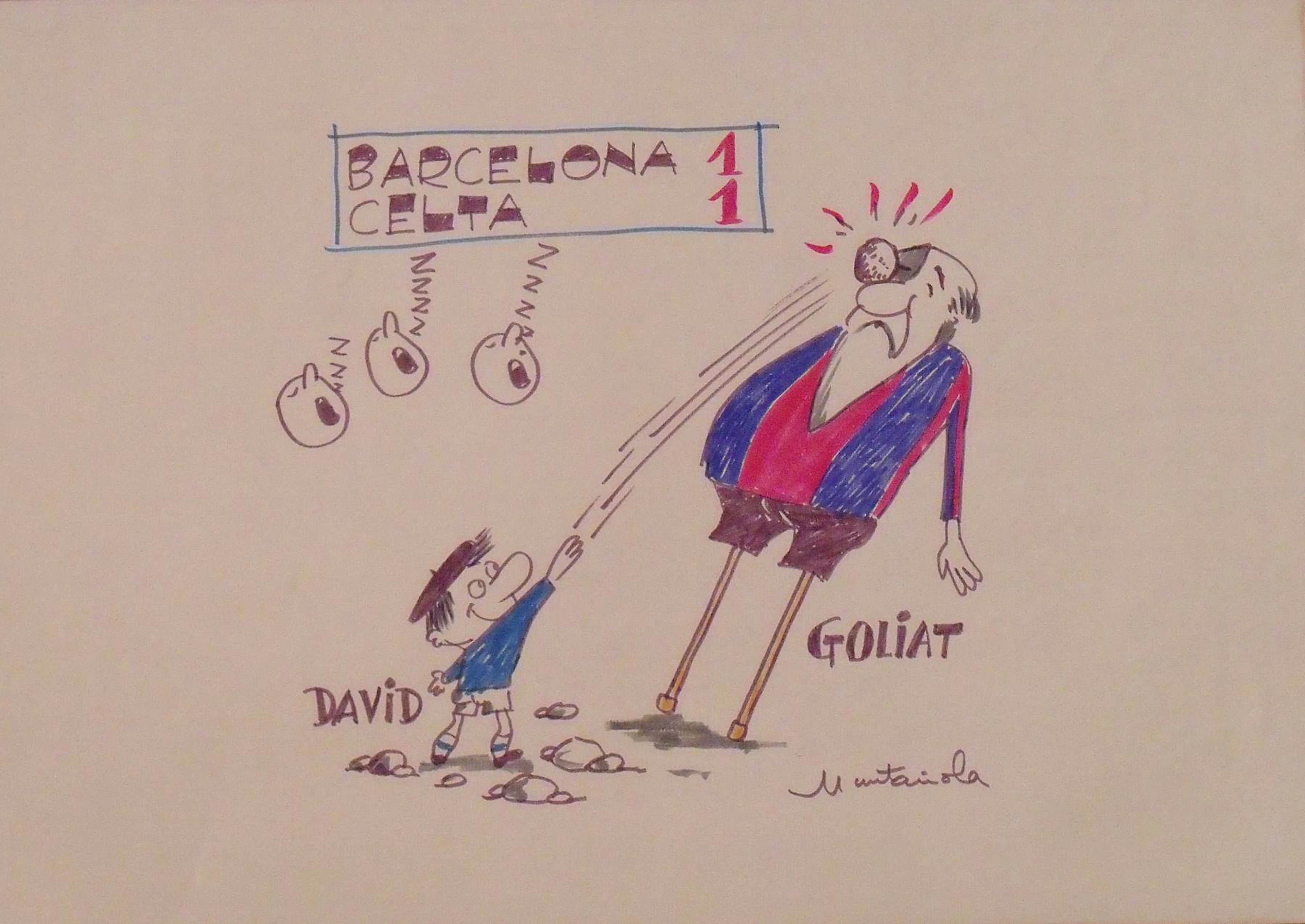 Joaquim Muntañola. Marker drawing “Barcelona 1 Celta 1” Signed by
