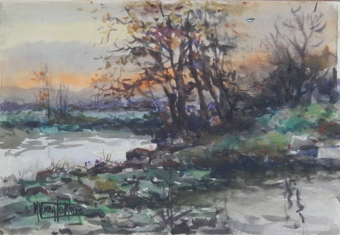 Manuel Vicente Mora. Watercolor on paper. "Sunset. Asturias". Hand-signed.