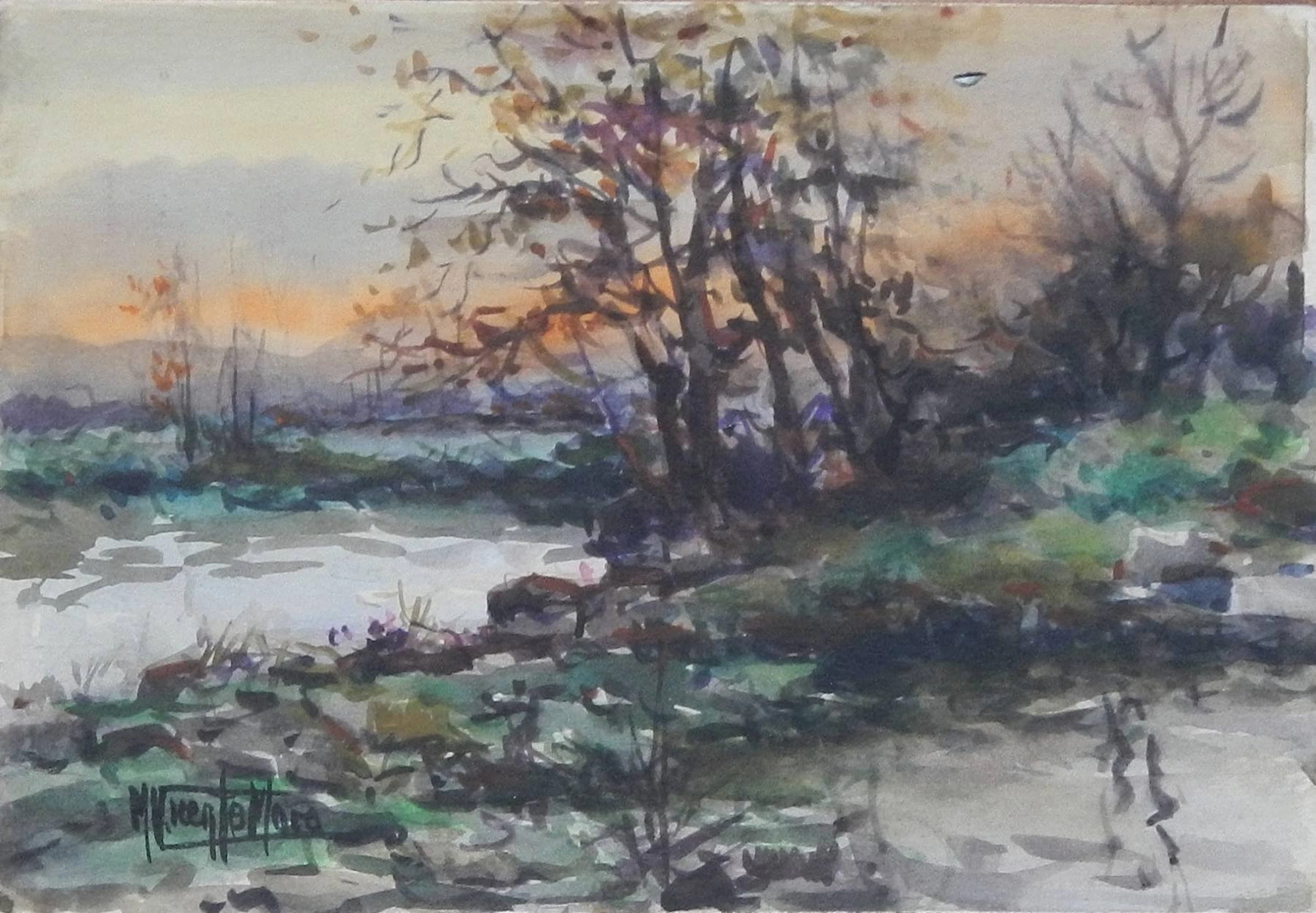 Manuel Vicente Mora. Watercolor on paper. "Sunset. Asturias". Hand-signed.