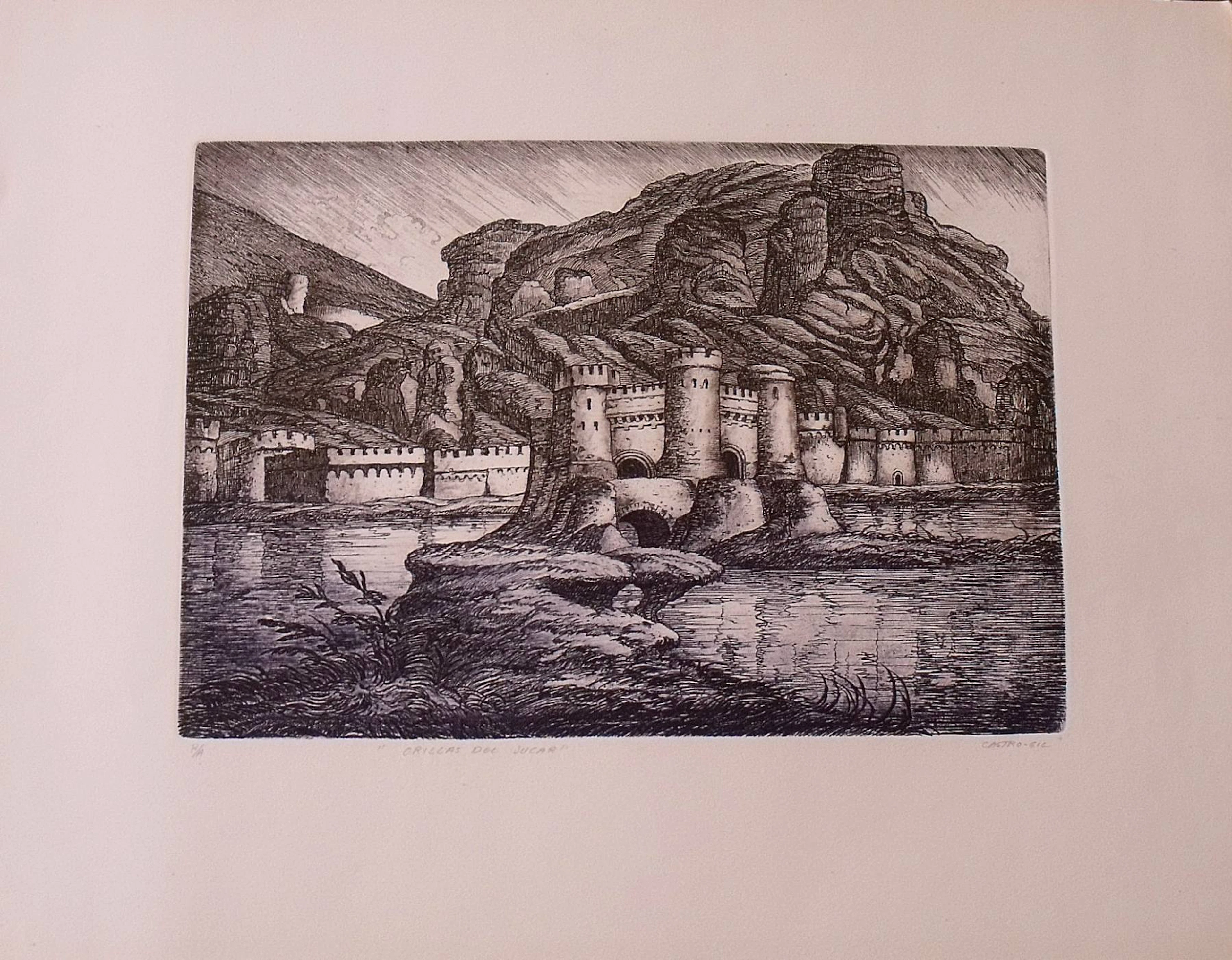 Castro Gil. Etching etching. "Banks of the Júcar". Hand signed. Artist
