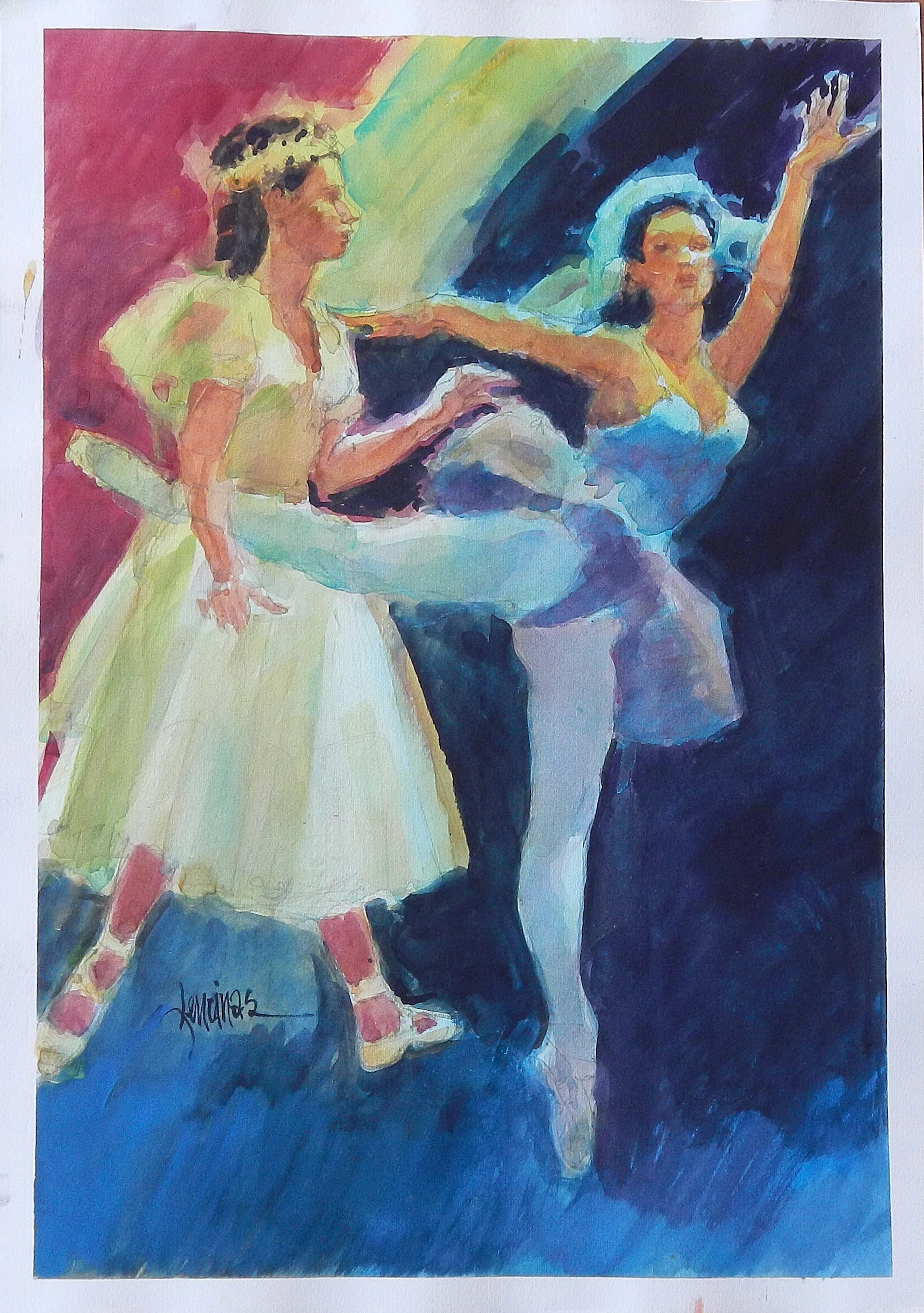 Carlos Enrique Lencinas Gómez. Watercolor on paper. “Two Dancers”.