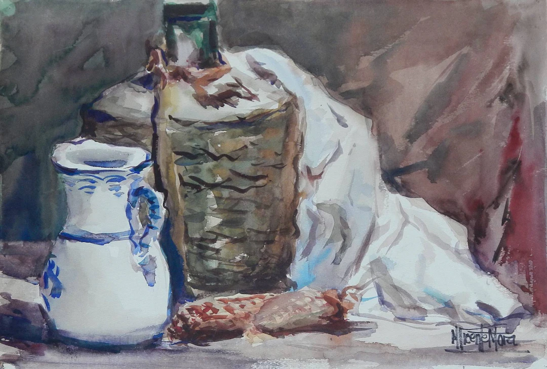 Manuel Vicente Mora. Watercolor on paper. “Still Life: Jug and Wine