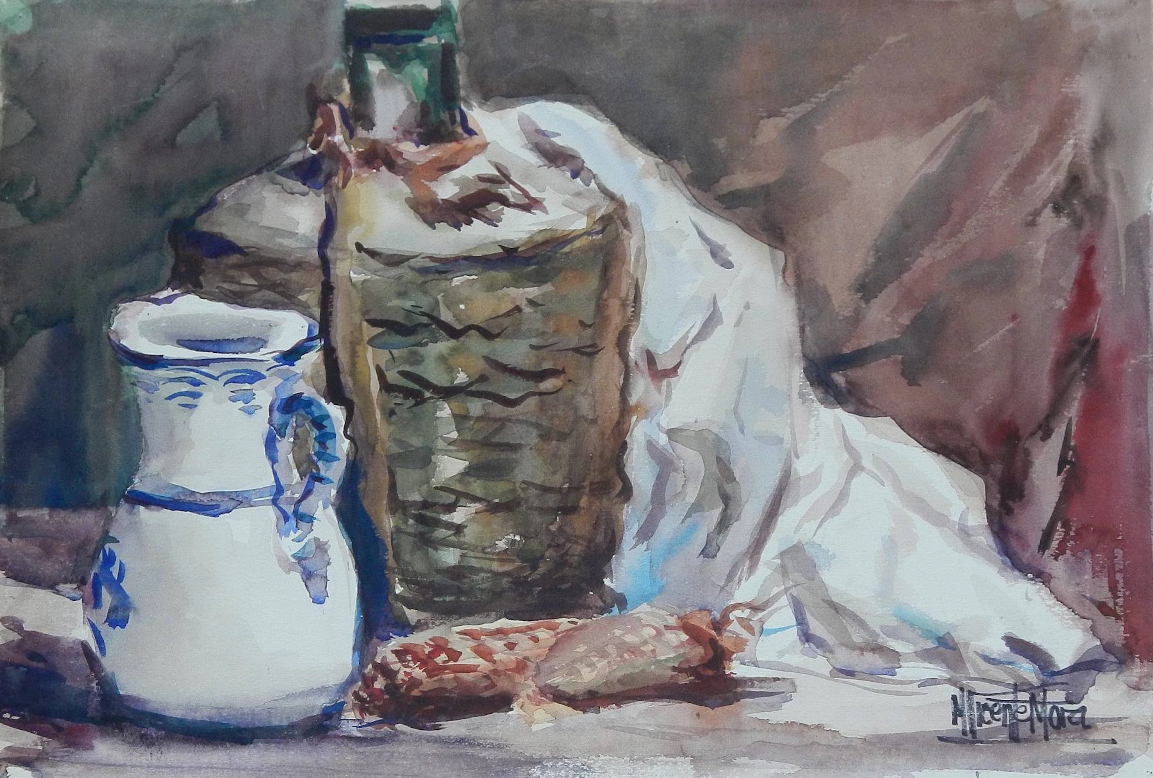 Manuel Vicente Mora. Watercolor on paper. “Still Life: Jug and Wine