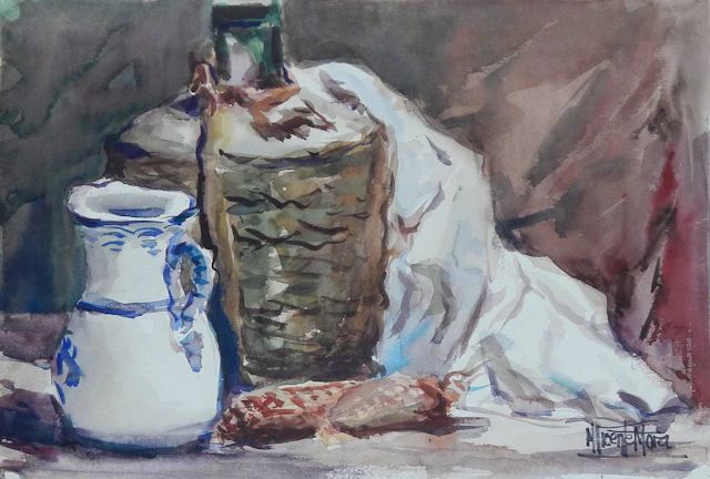 Manuel Vicente Mora. Watercolor on paper. “Still Life: Jug and Wine