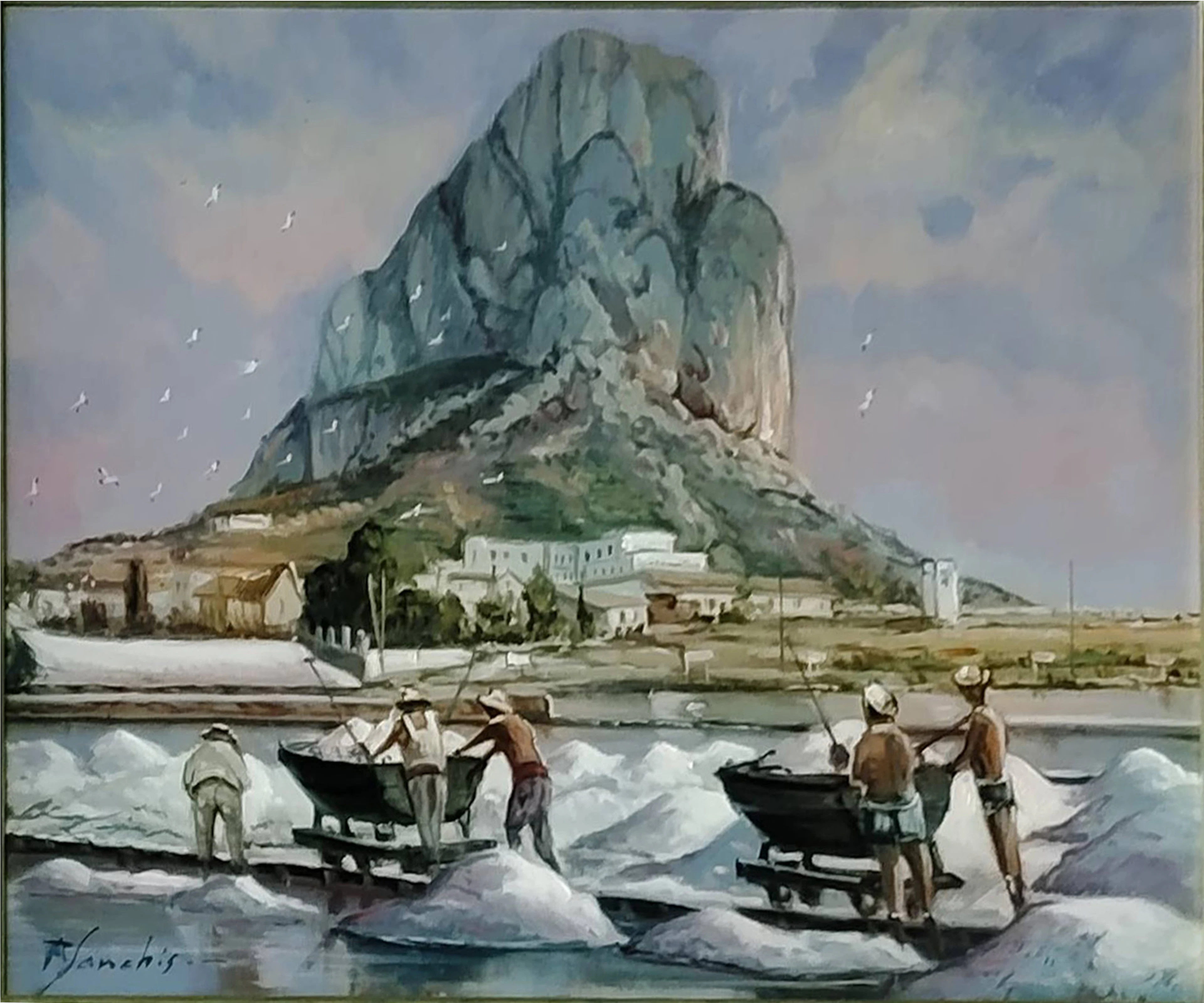 F. Sanchis: "Seascape of fishermen in Calpe" (circa 2000)