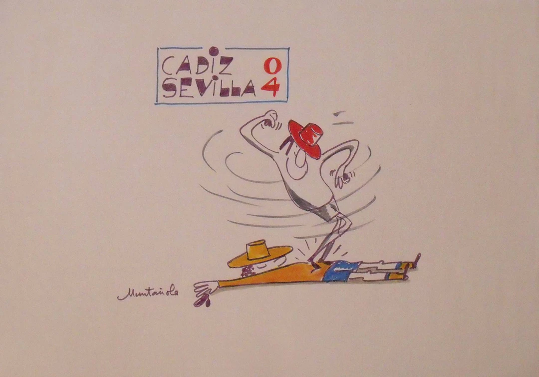 Joaquim Muntañola. Marker drawing ”Cádiz 0 Sevilla 4”. Hand signed.
