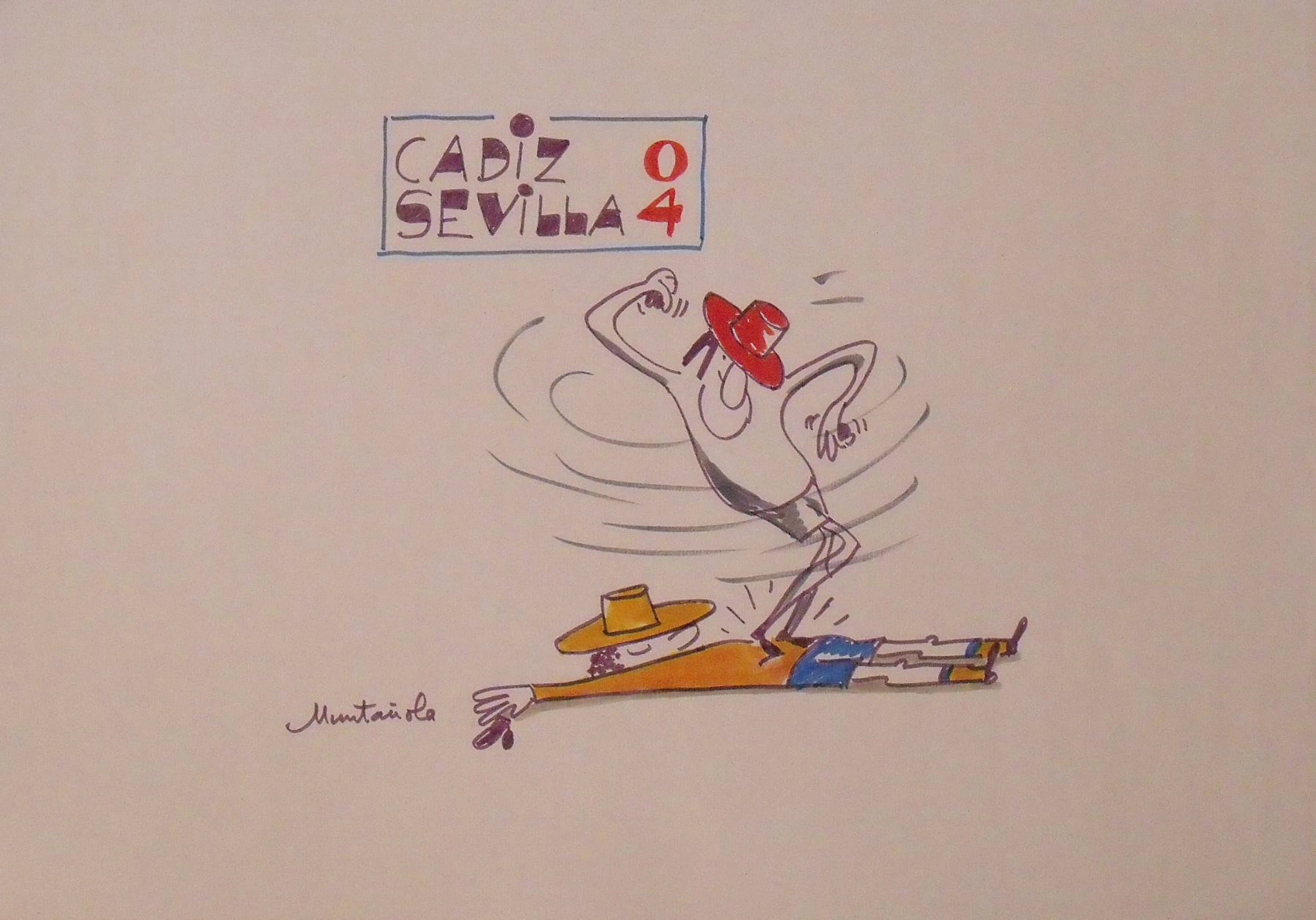 Joaquim Muntañola. Marker drawing ”Cádiz 0 Sevilla 4”. Hand signed.
