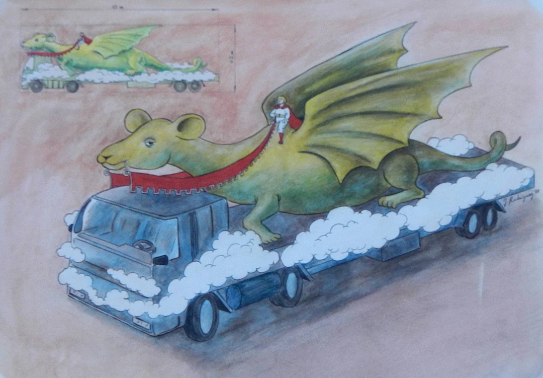 Juan Rodríguez. Ink and watercolor drawing on paper "Dragon, Knight