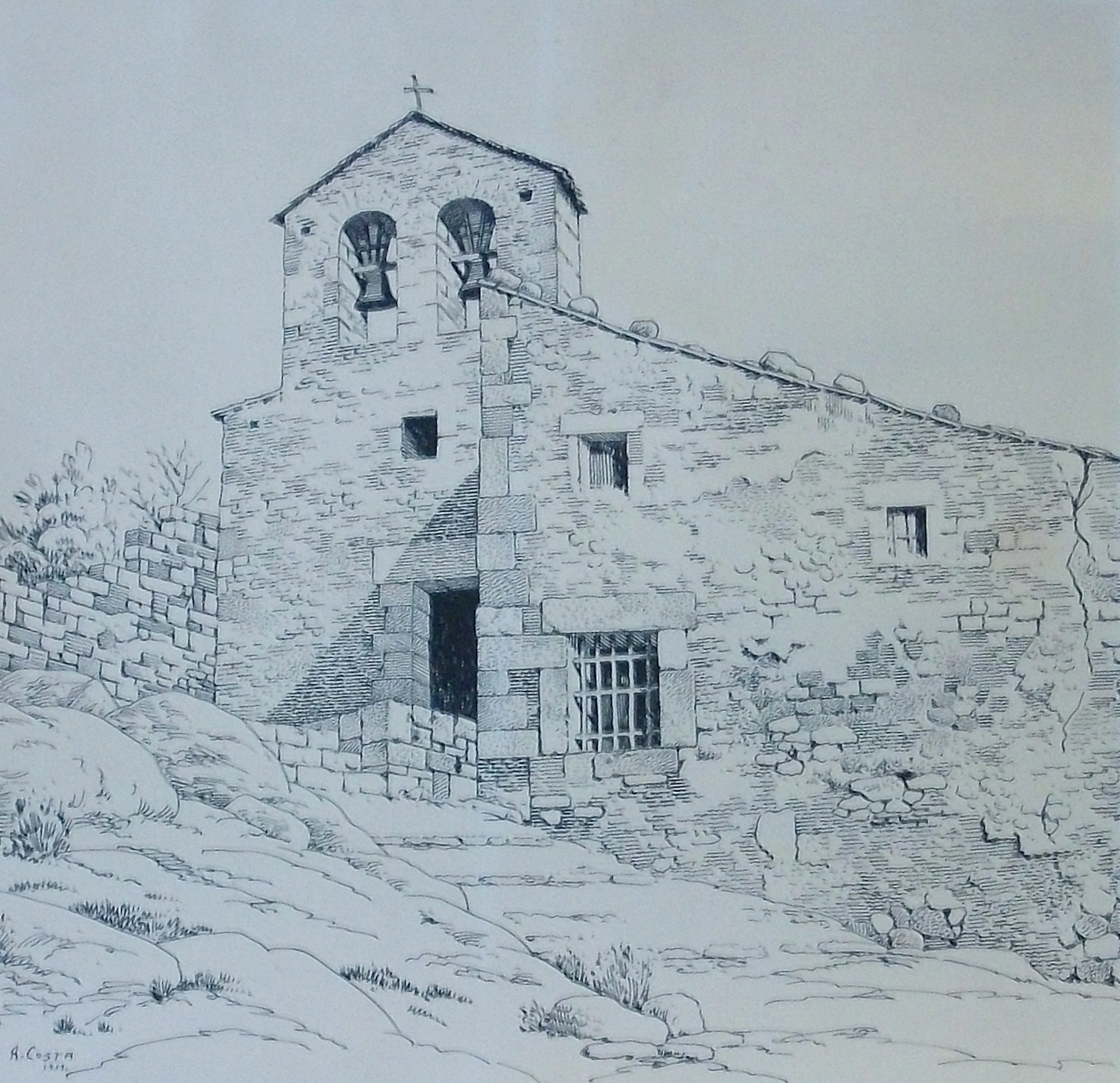 Ramon Costa Nolla. Ink drawing on paper "Church with two bells". 1919.