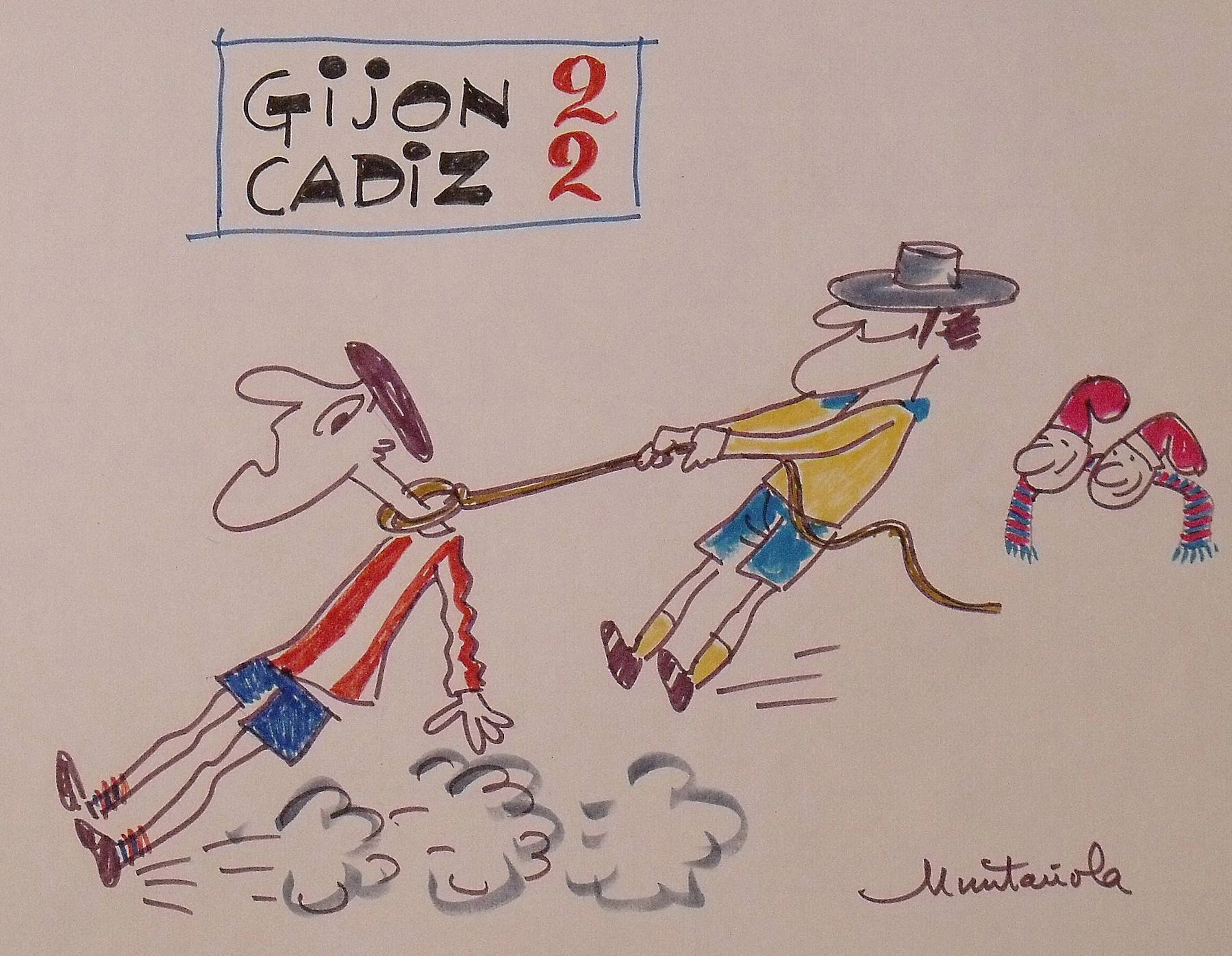 Joaquim Muntañola. Marker drawing “Gijón 2 Cádiz 2”. Hand signed.