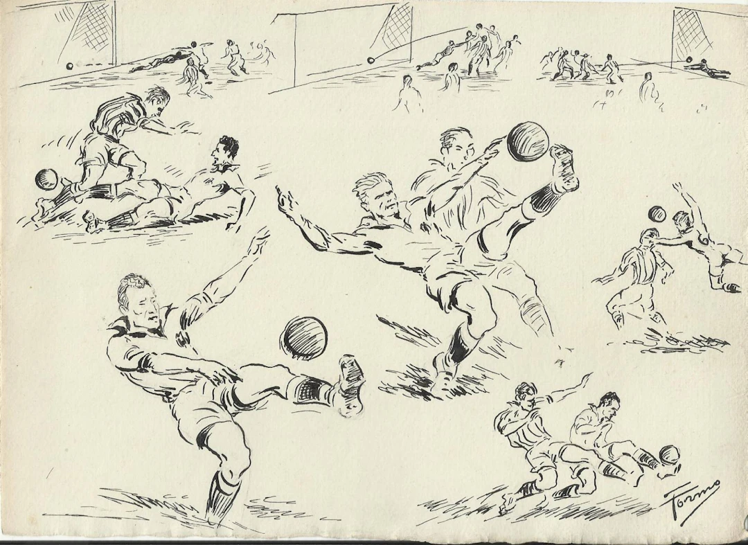 Federico Tormo Monzó. Ink drawing. Valencia C.F. 1951. Football. Hand-signed.