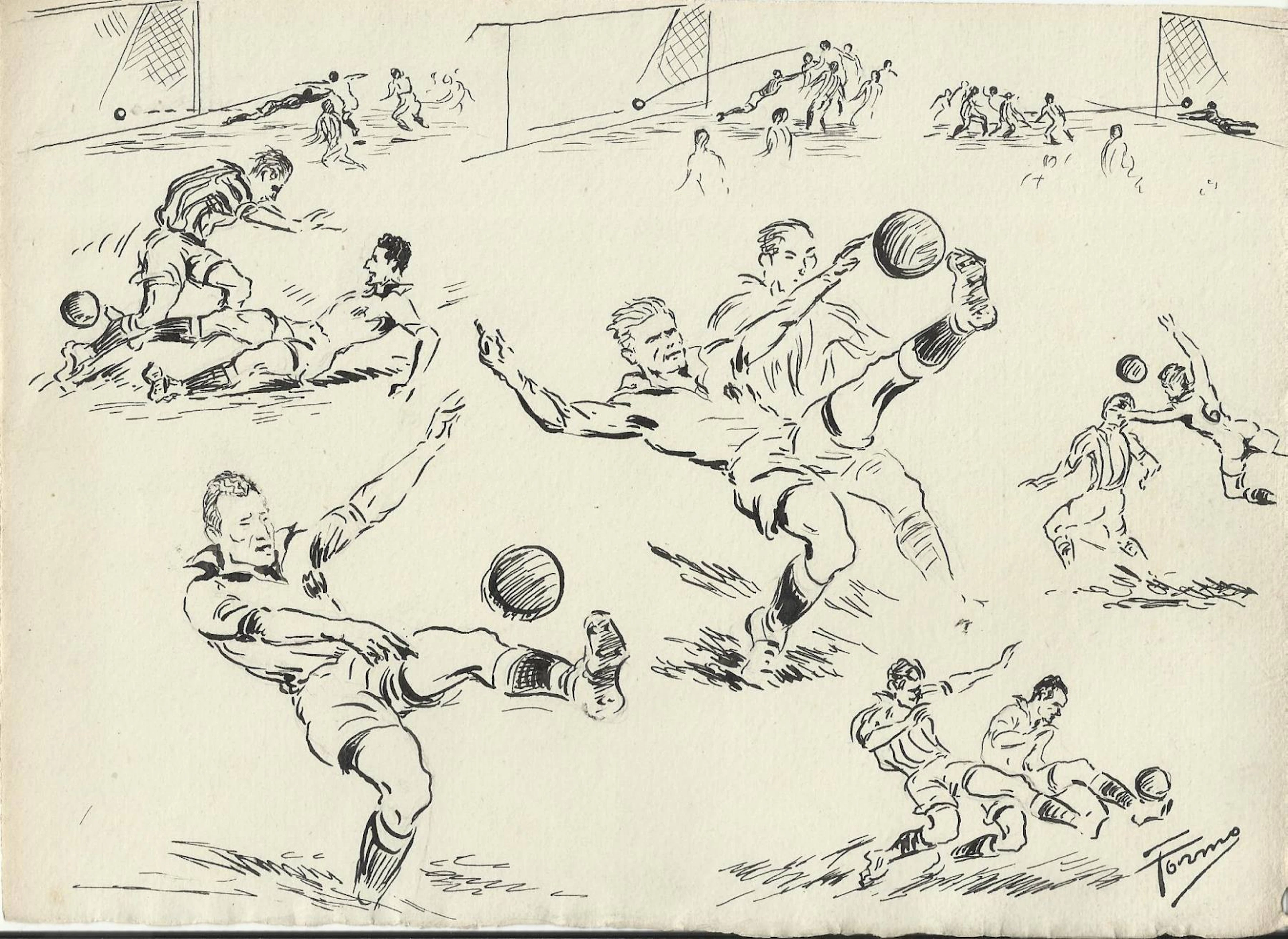 Federico Tormo Monzó. Ink drawing. Valencia C.F. 1951. Football. Hand-signed.