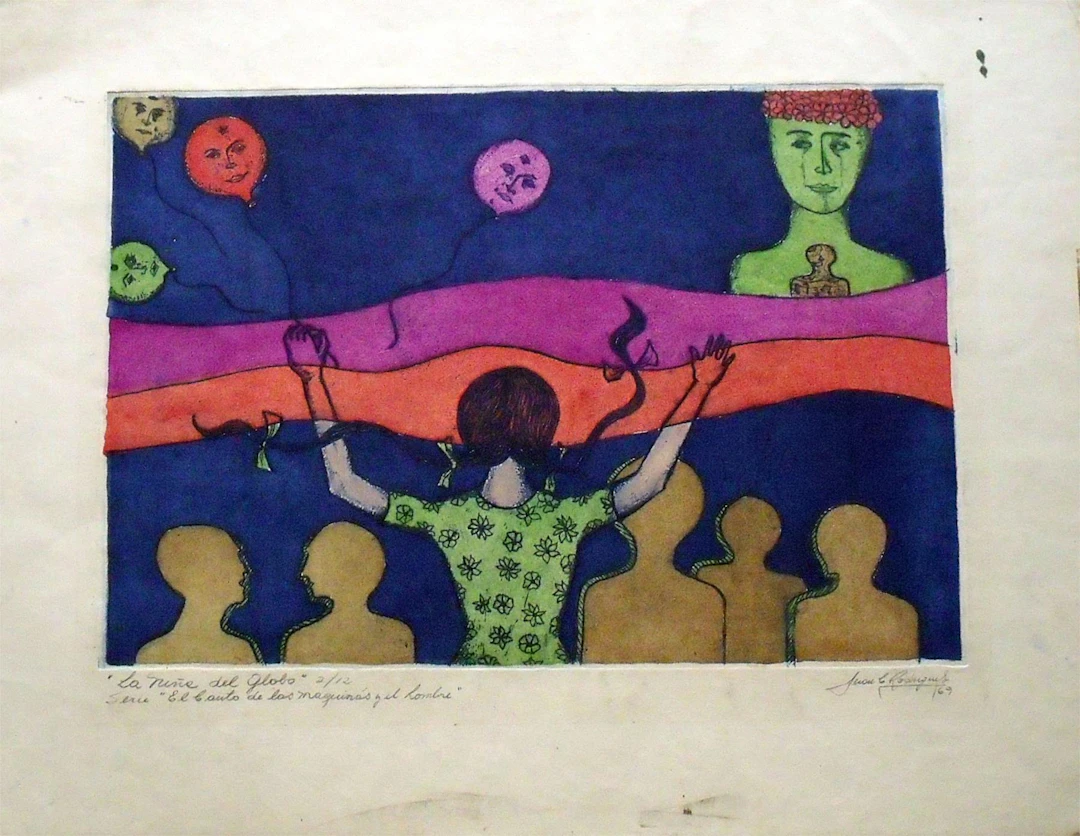 Juan C. Rodríguez. Engraving "The Girl with the Balloon." Hand-signed.