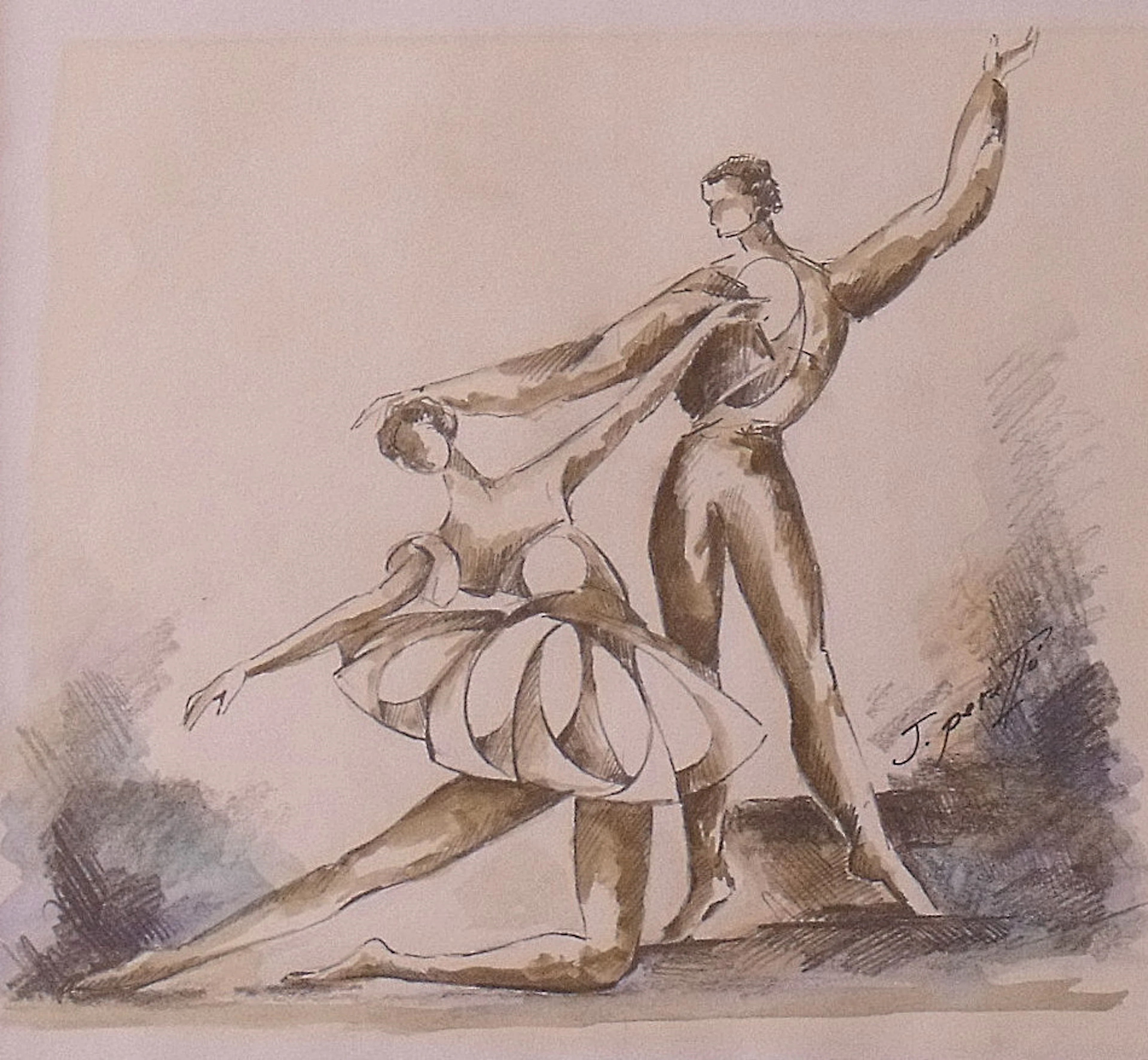 Jaume Perelló i Miró. Pencil and watercolor. "Dancers". Hand signed.
