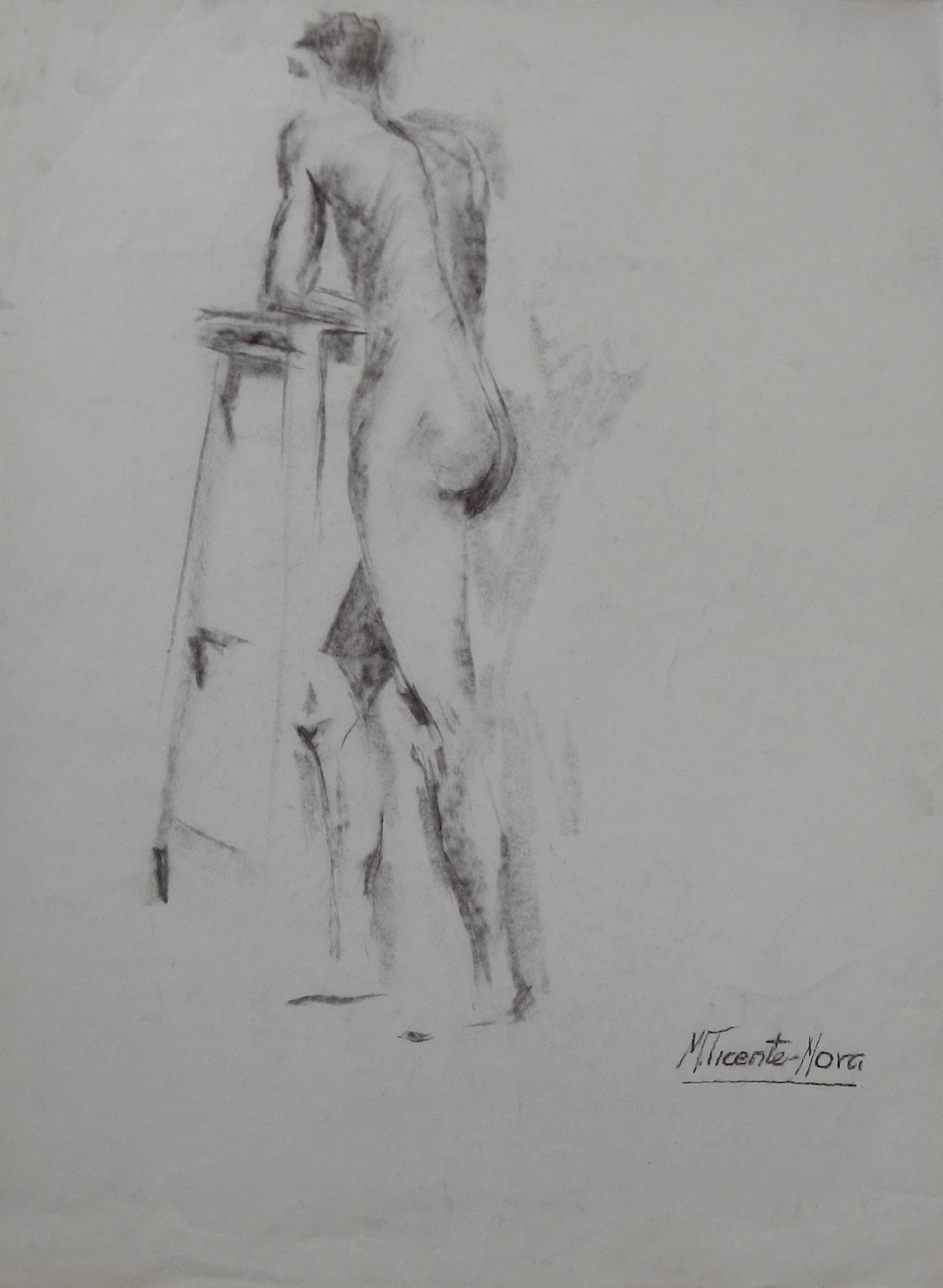 Manuel Vicente Mora. Charcoal on paper. “Male Nude”. Hand-signed. 43x34 cm.
