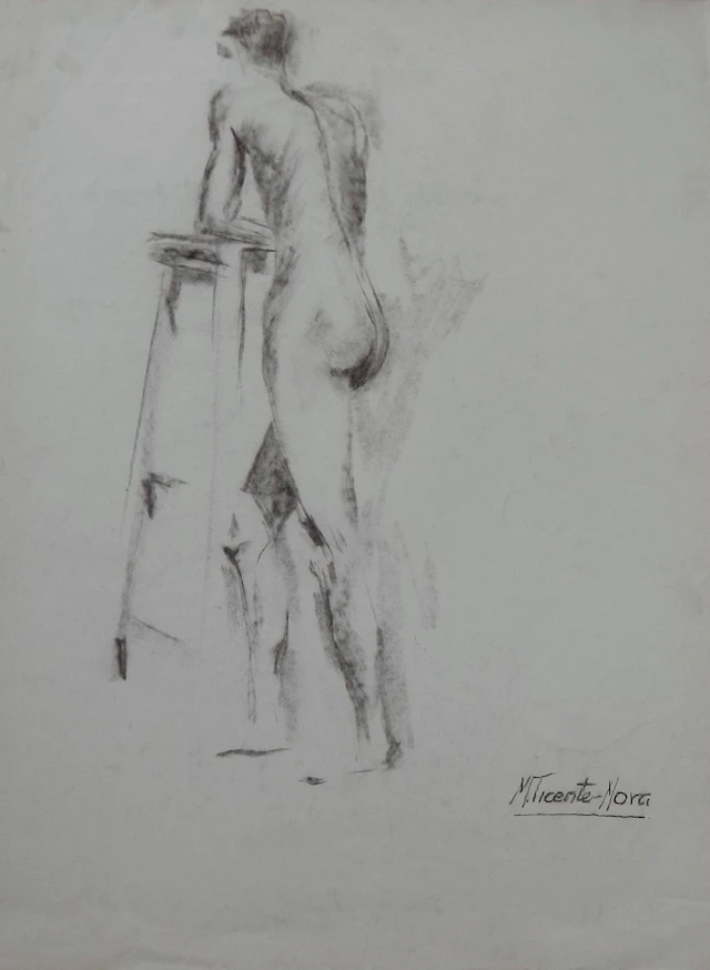 Manuel Vicente Mora. Charcoal on paper. “Male Nude”. Hand-signed. 43x34 cm.