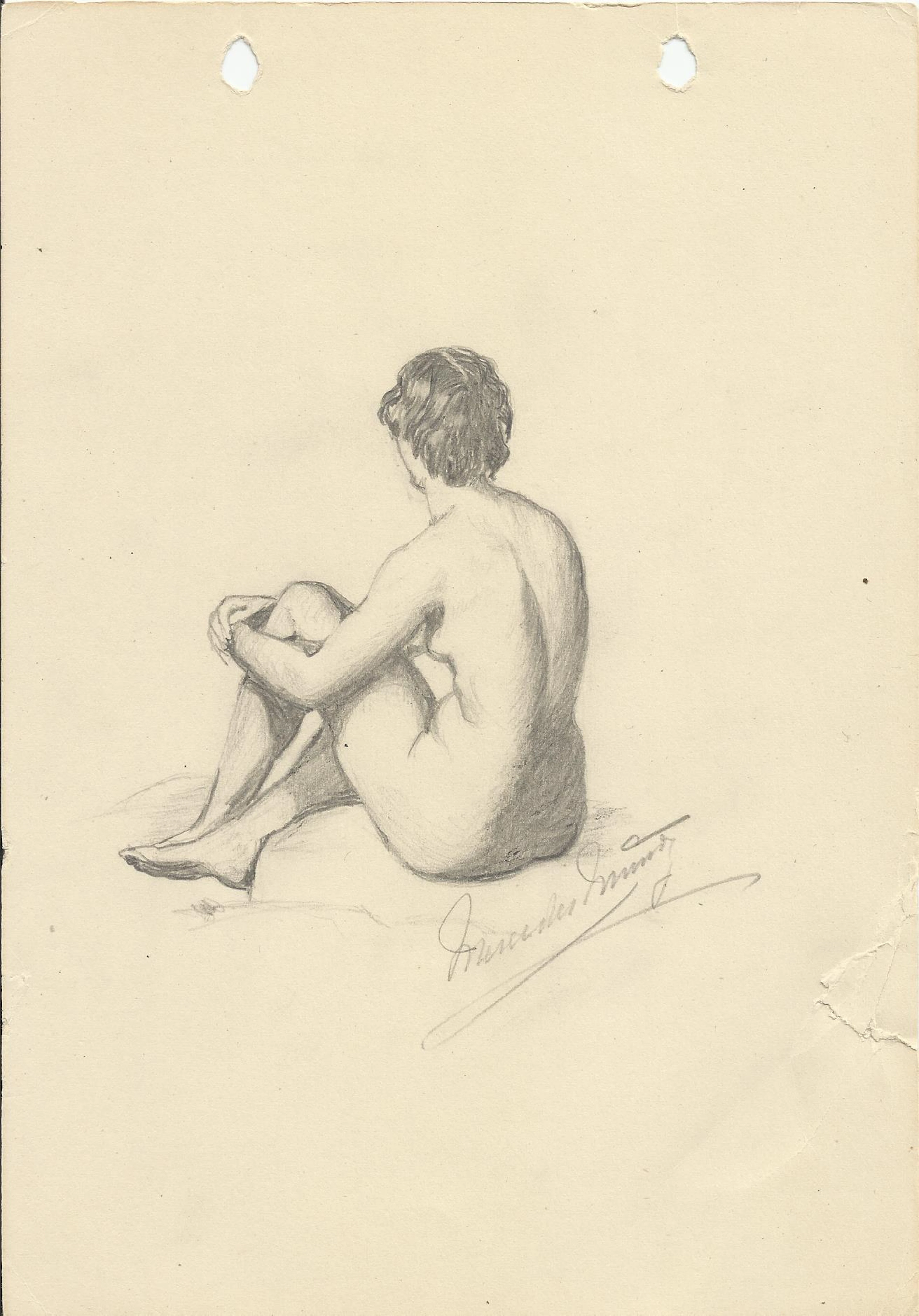 Mercedes Muñoz. Pencil drawing on paper "Female nude". Hand signed. 24x17cm.