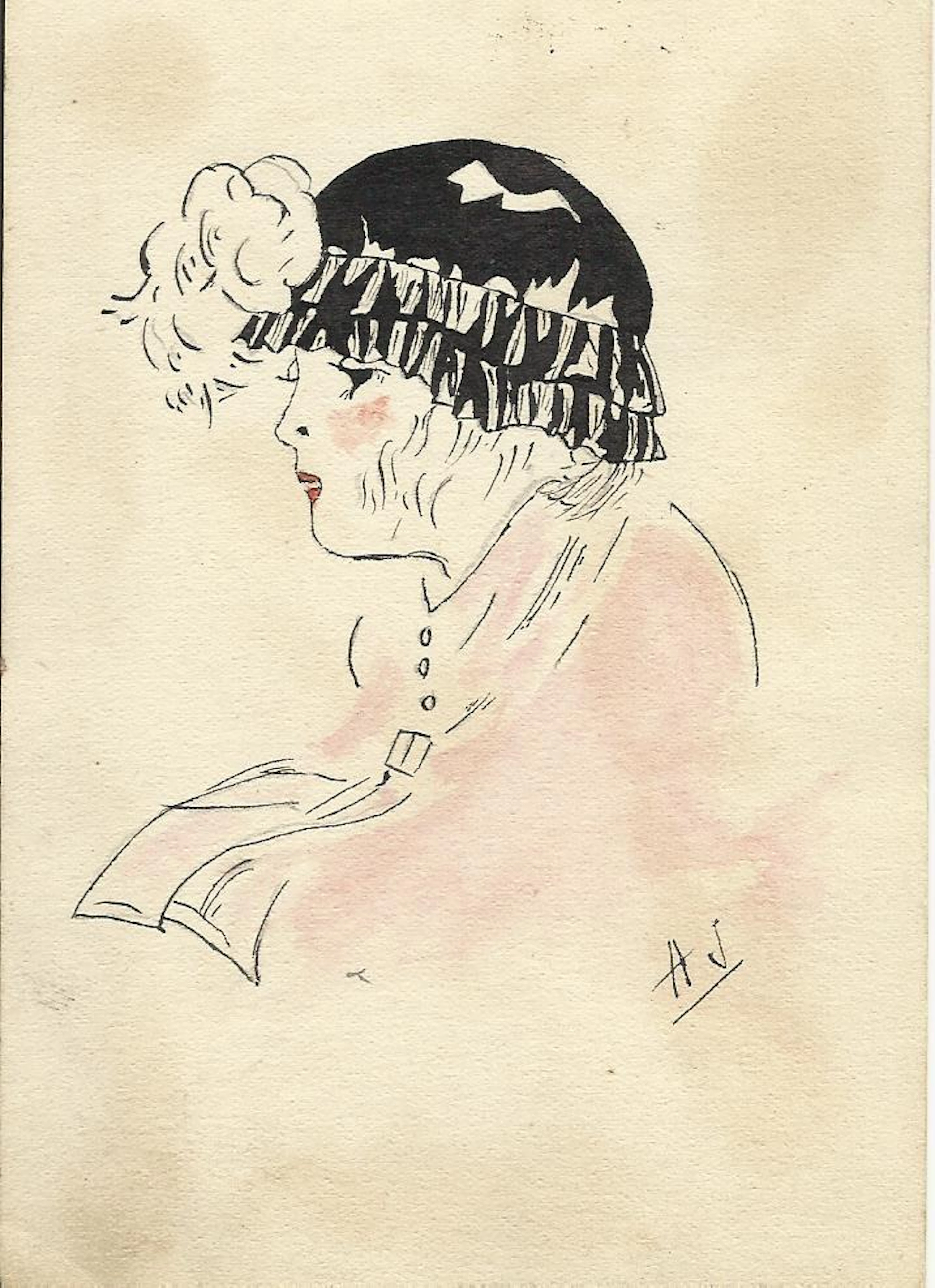 A. J. French fashion illustration or drawing in ink and watercolor
