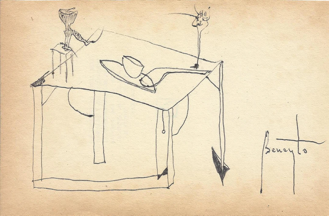 Antonio Beneyto. Ink drawing on paper. “Table and objects”. Hand-signed.