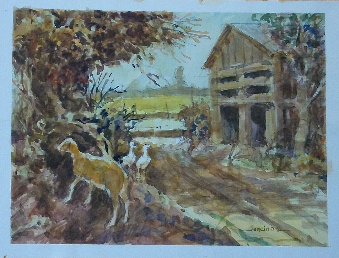 Carlos Enrique Lencinas Gómez. Watercolor on paper. “Farm, Sheep and