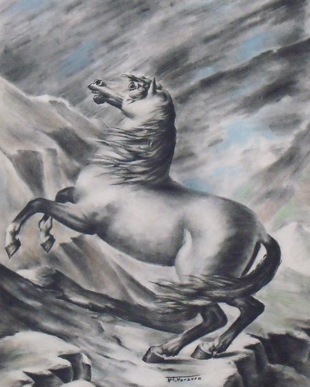 María Teresa Navarro. Charcoal drawing on paper. "Horse". Hand signed.