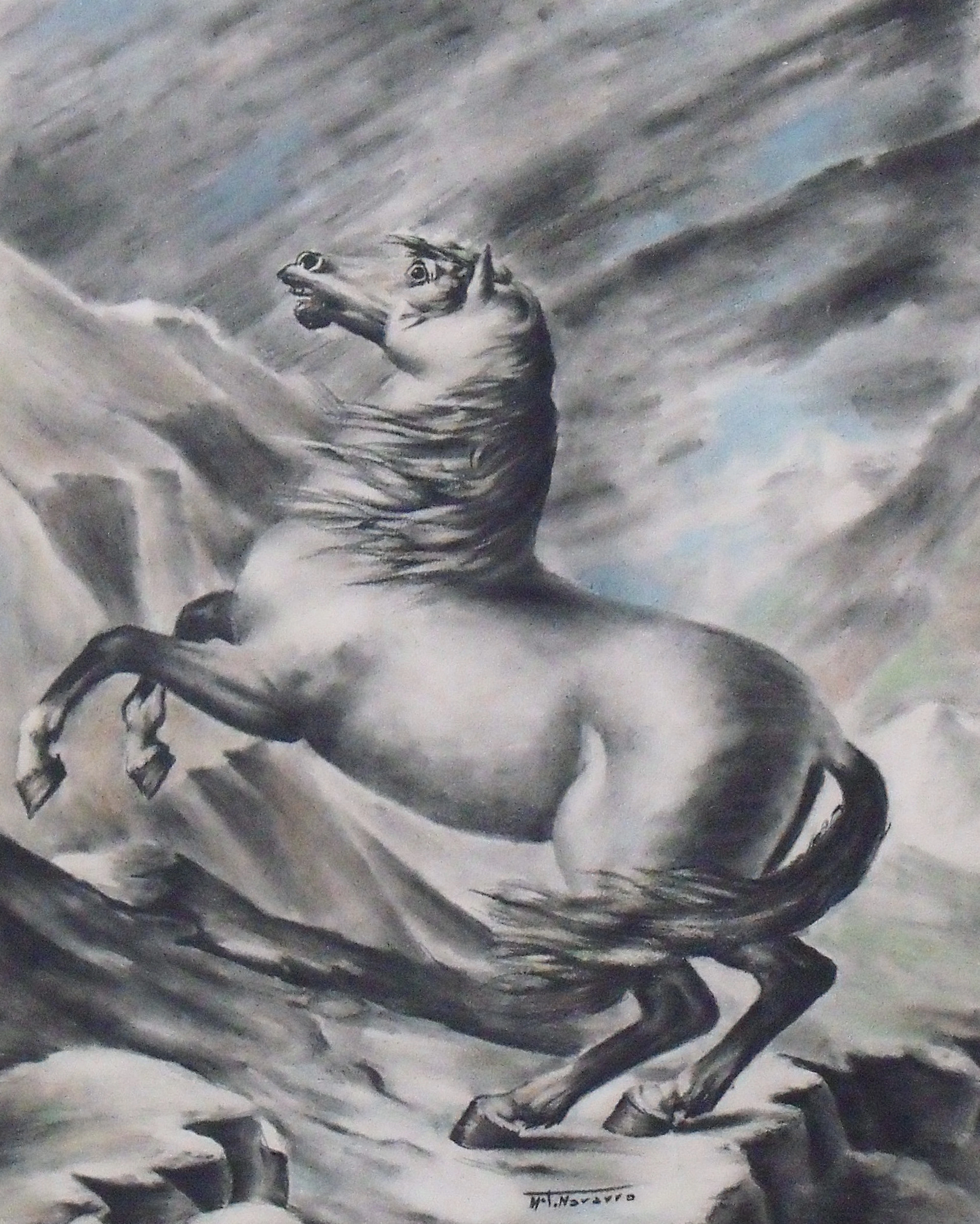 María Teresa Navarro. Charcoal drawing on paper. "Horse". Hand signed.
